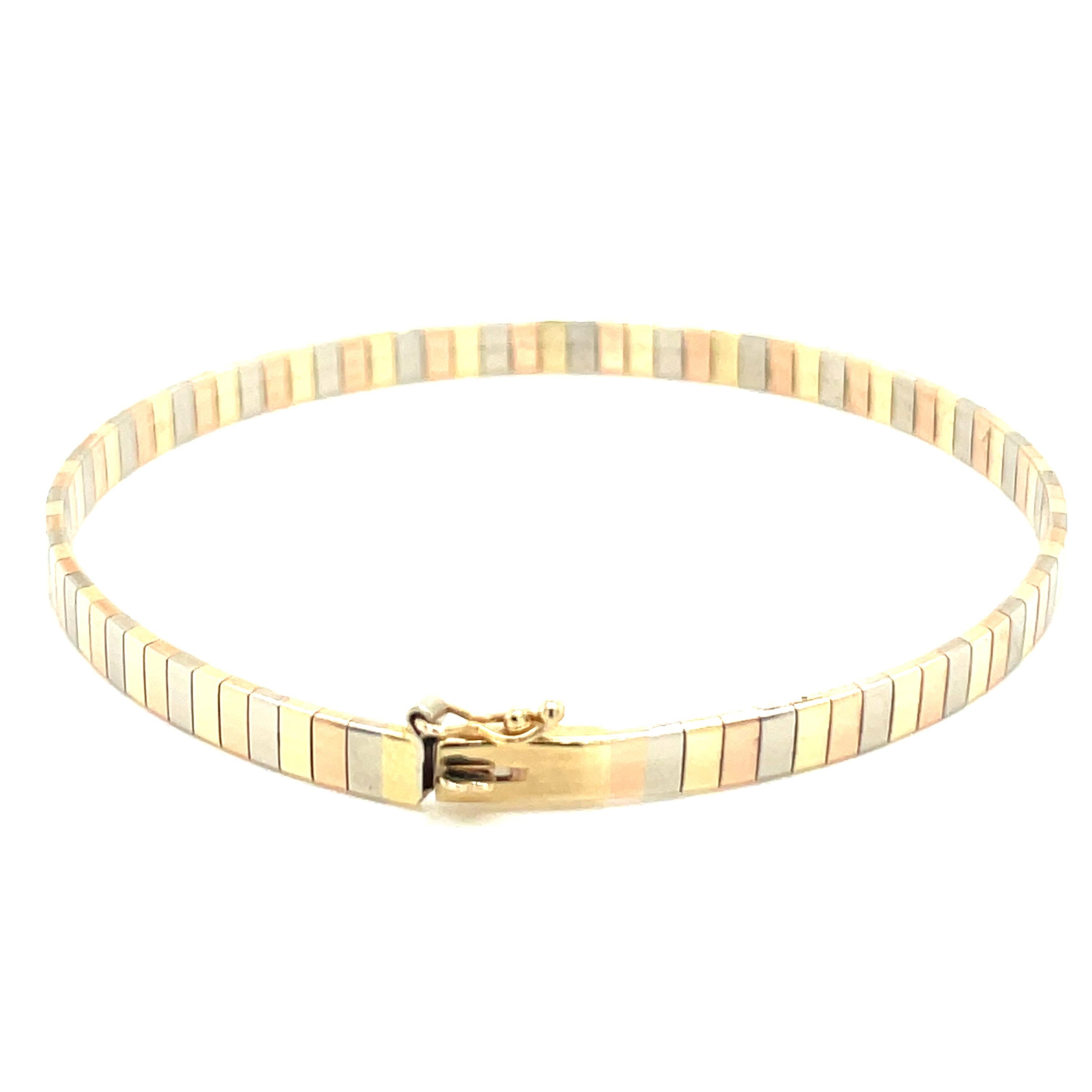 Vintage 14k Tri Color Gold Omega Bracelet In Excellent Condition For Sale In Boston, MA