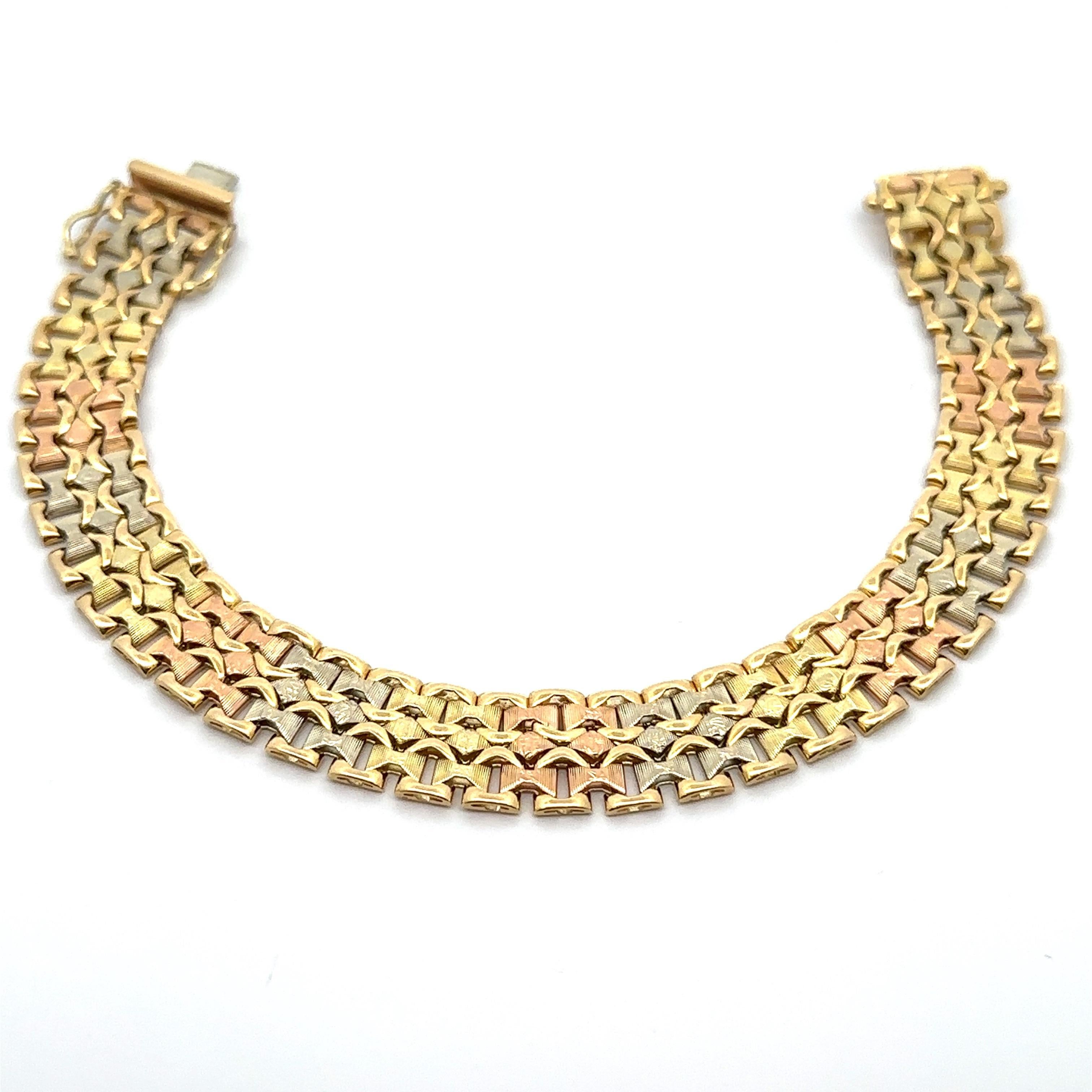 Vintage 14k Tri Color Gold Textured Finish 11.4mm Wide Strap Bracelet ...