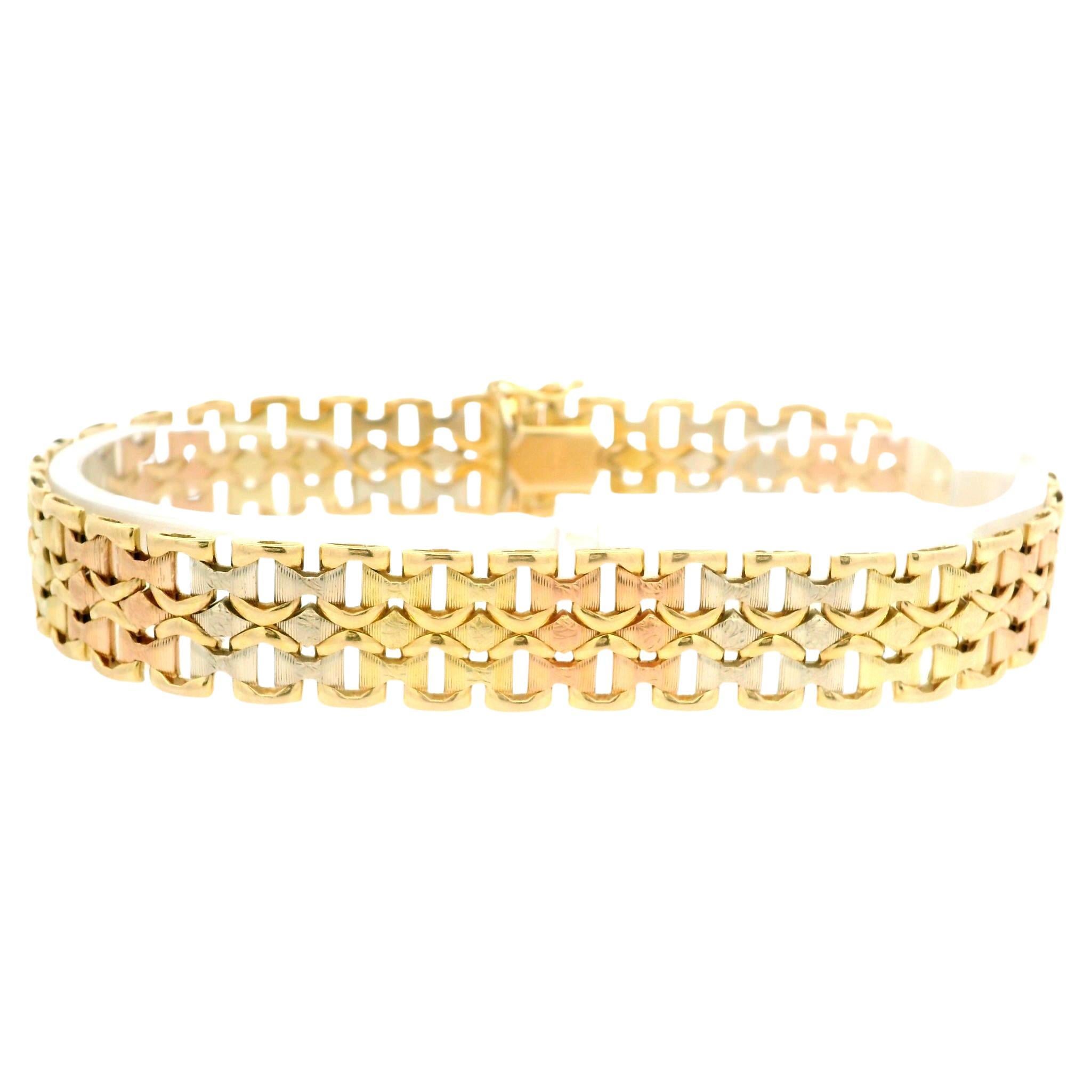 Vintage 14k Tri Color Gold Textured Finish 11.4mm Wide Strap Bracelet