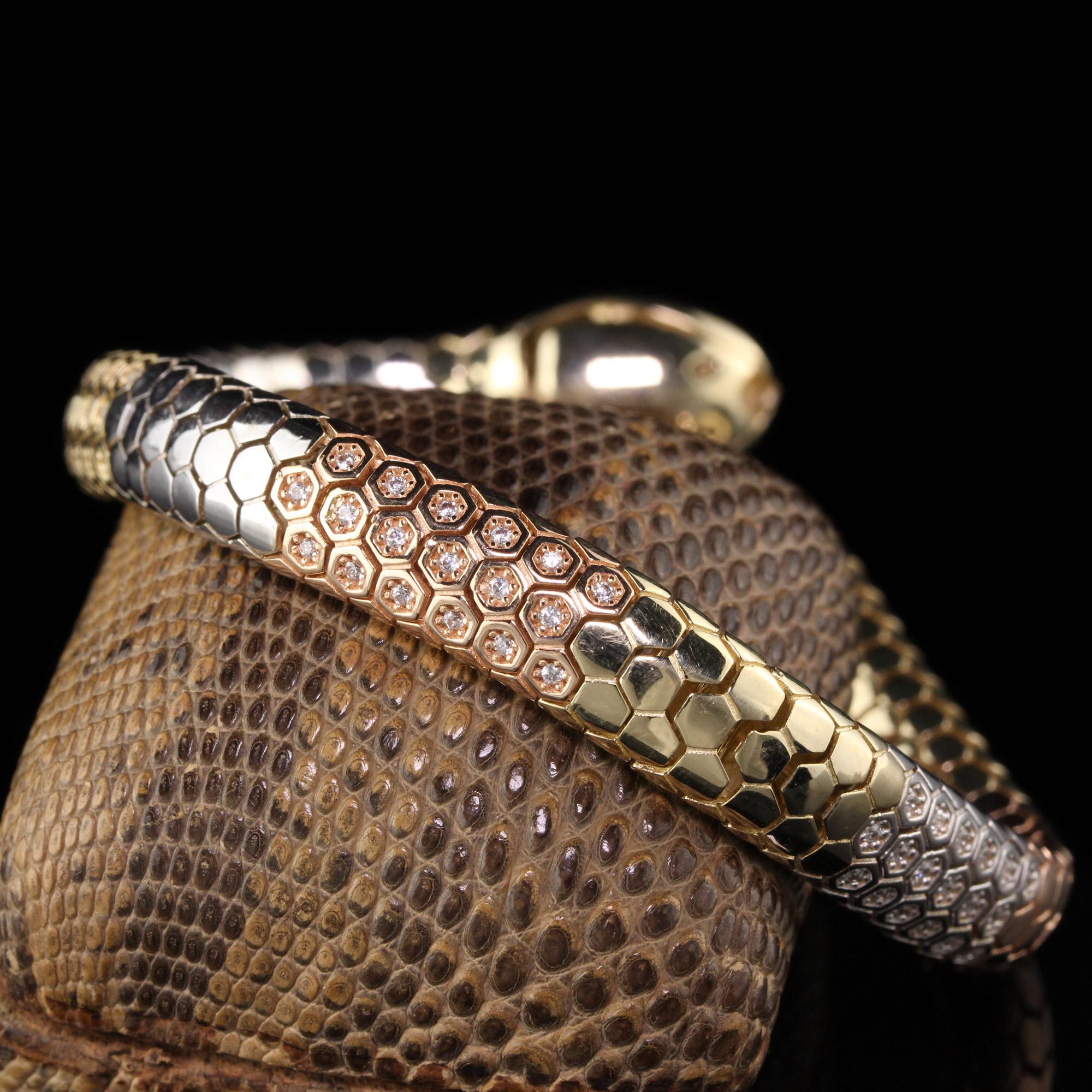 Modern Vintage 14 Karat Tri Tone Gold Diamond Snake Bracelet