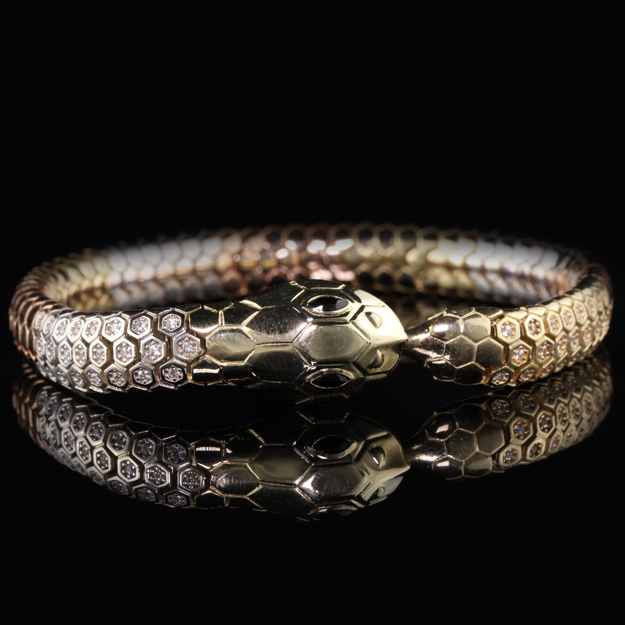Round Cut Vintage 14 Karat Tri Tone Gold Diamond Snake Bracelet