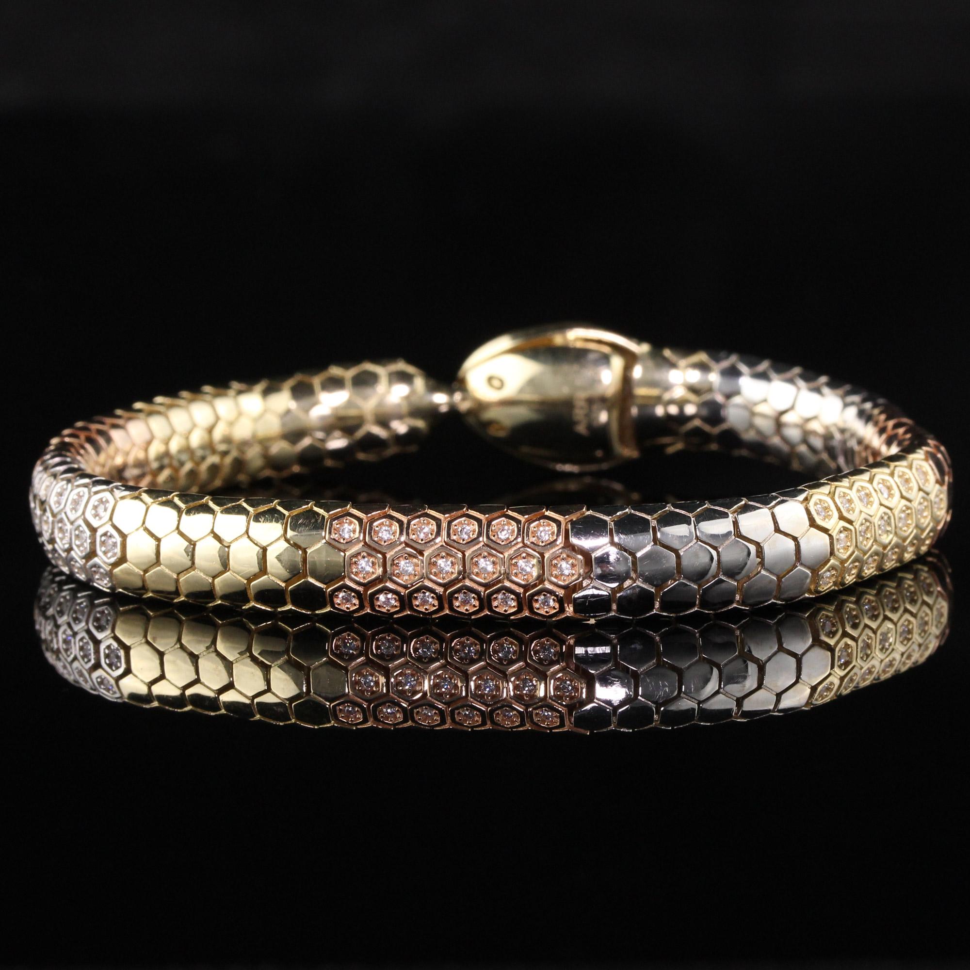 Vintage 14 Karat Tri Tone Gold Diamond Snake Bracelet In Good Condition In Great Neck, NY
