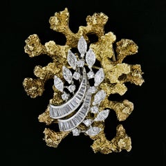 Vintage 14k TT Gold 3.50ctw Diamond Textured Freeform Open Work Brooch Pin