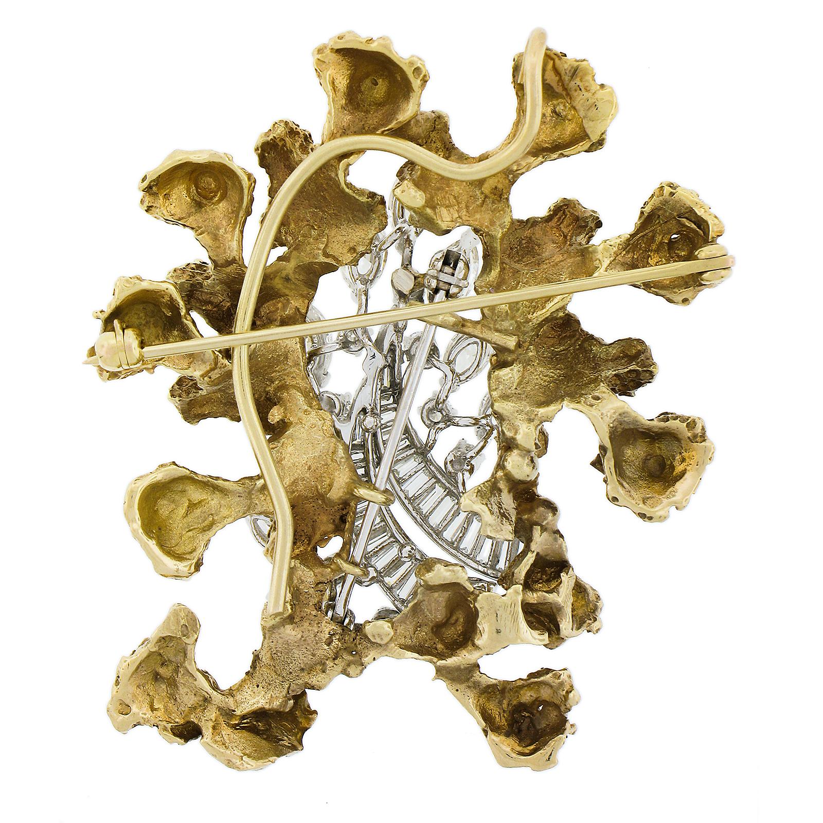 Taille Marquise Vintage 14k TT Gold 3.50ctw Diamond Textured Freeform Open Work Brooch Pin en vente