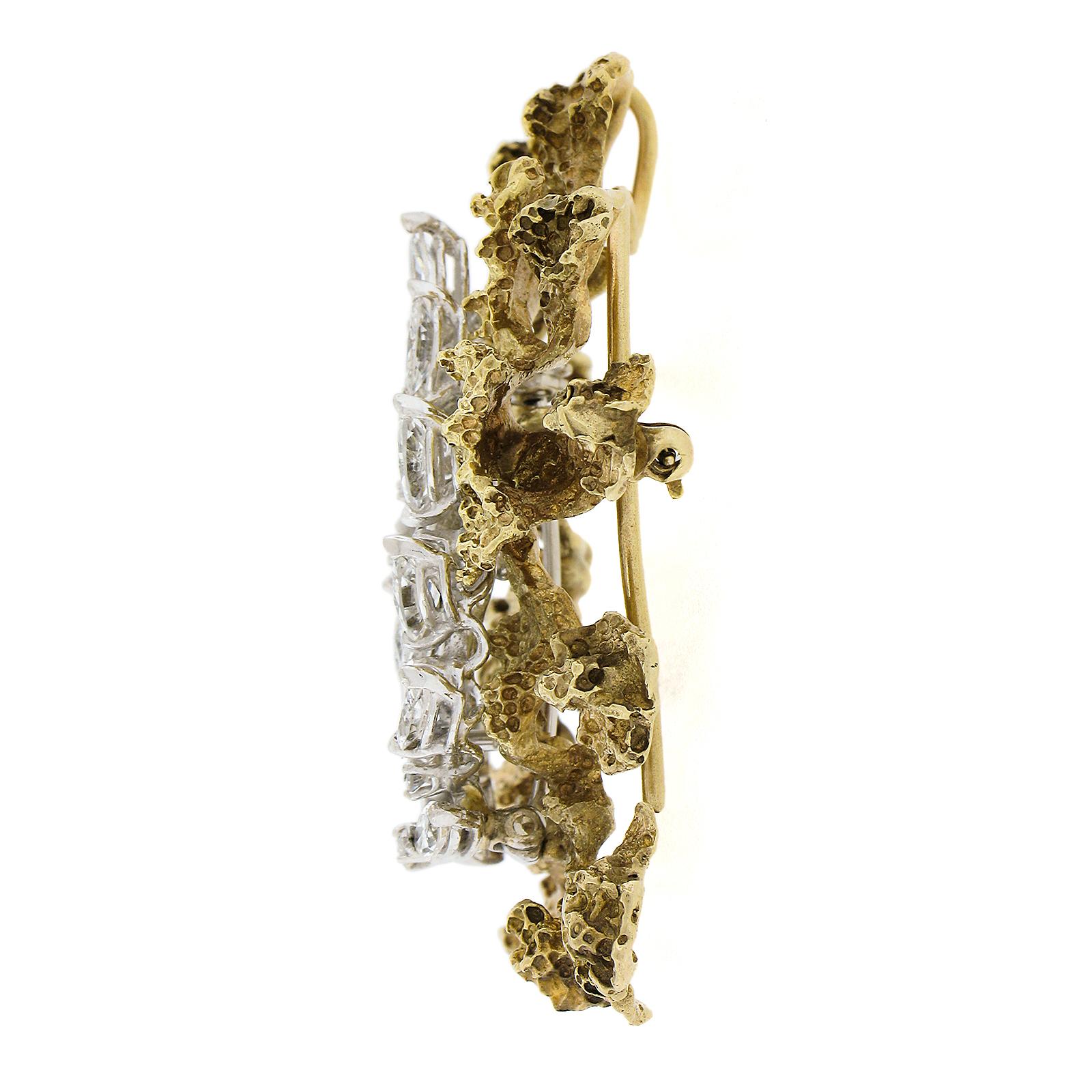 Women's or Men's Vintage 14k TT Gold 3.50ctw Diamond Textured Freeform Open Work Brooch Pin For Sale