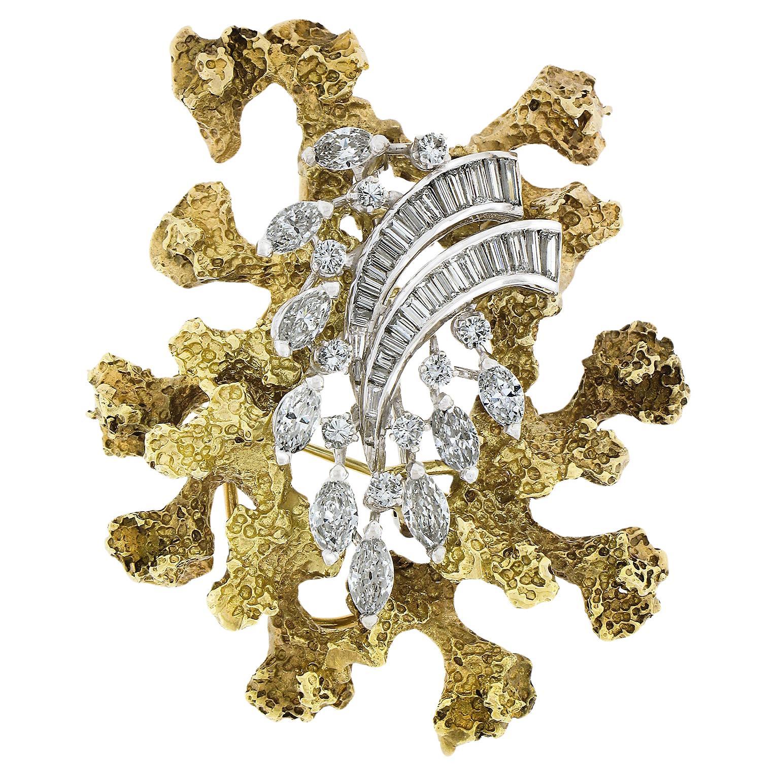 Vintage 14k TT Gold 3.50ctw Diamond Textured Freeform Open Work Brooch Pin en vente