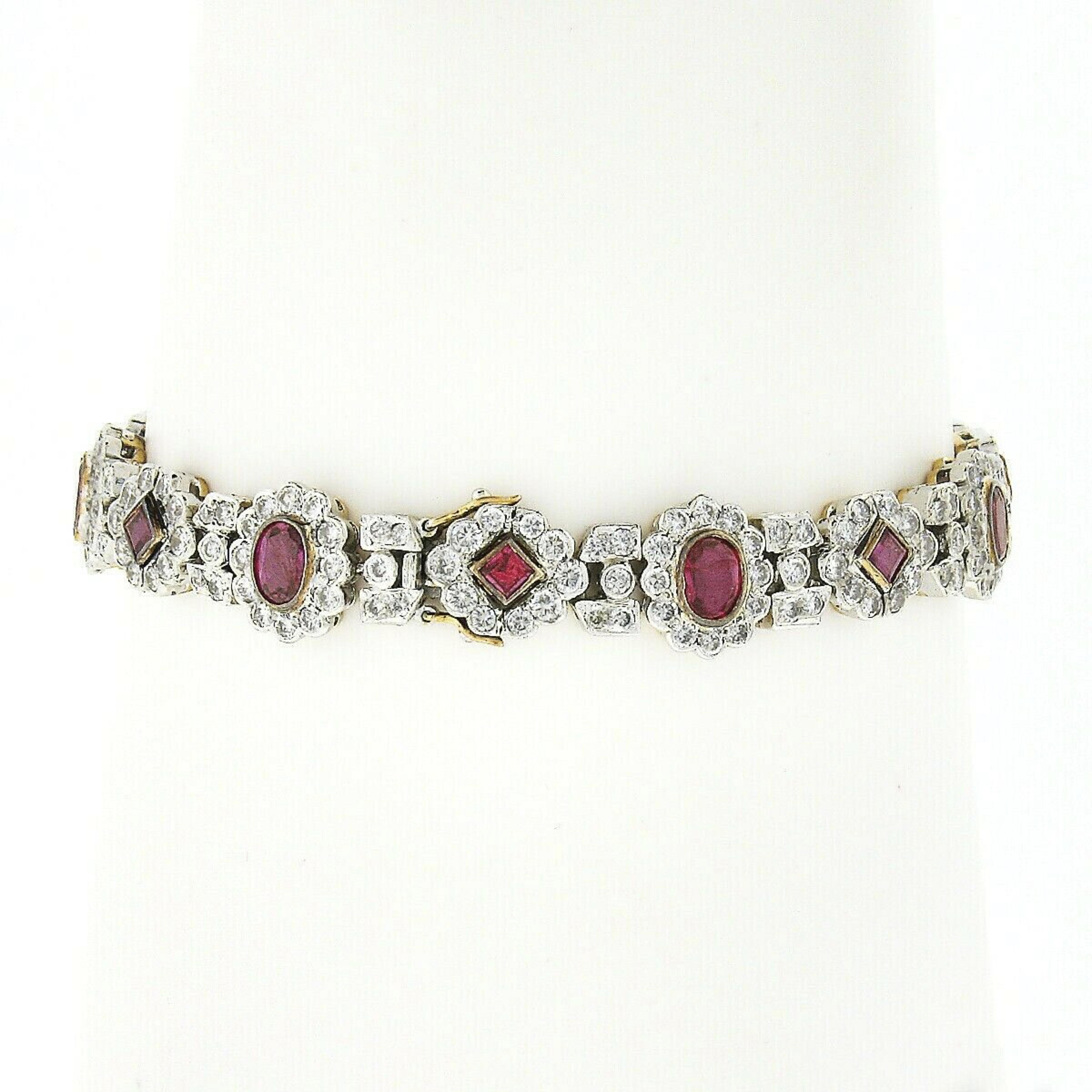 Here we have an absolutely magnificent ruby and diamond vintage bracelet crafted in solid 14k yellow gold with a solid 14k white gold top. The bracelet is very well structured from ruby and diamond halo flower links throughout. The very fine rubies