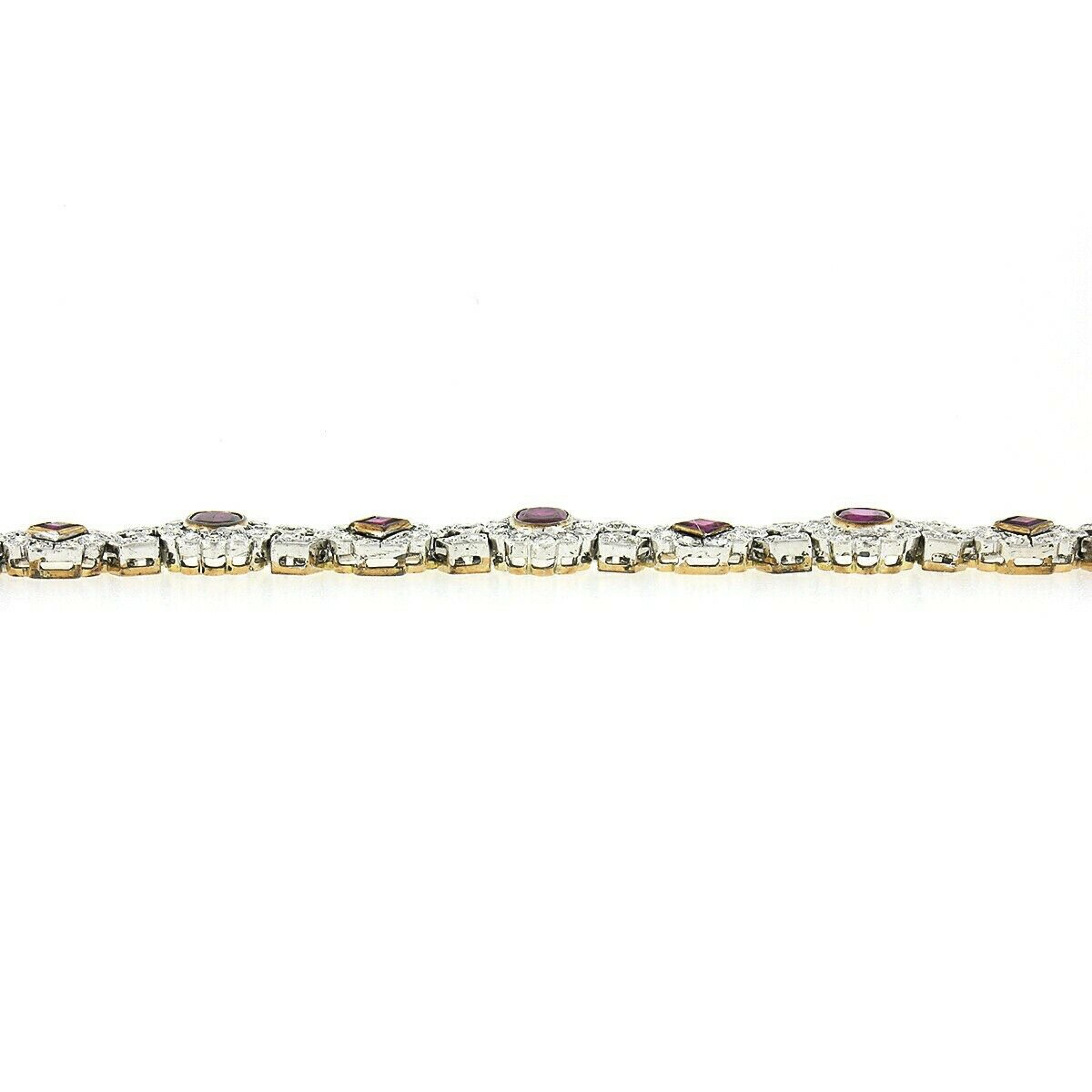 Women's Vintage 14k TT Gold 8.25ct GIA Oval & Square Bezel Burma Ruby & Diamond Bracelet