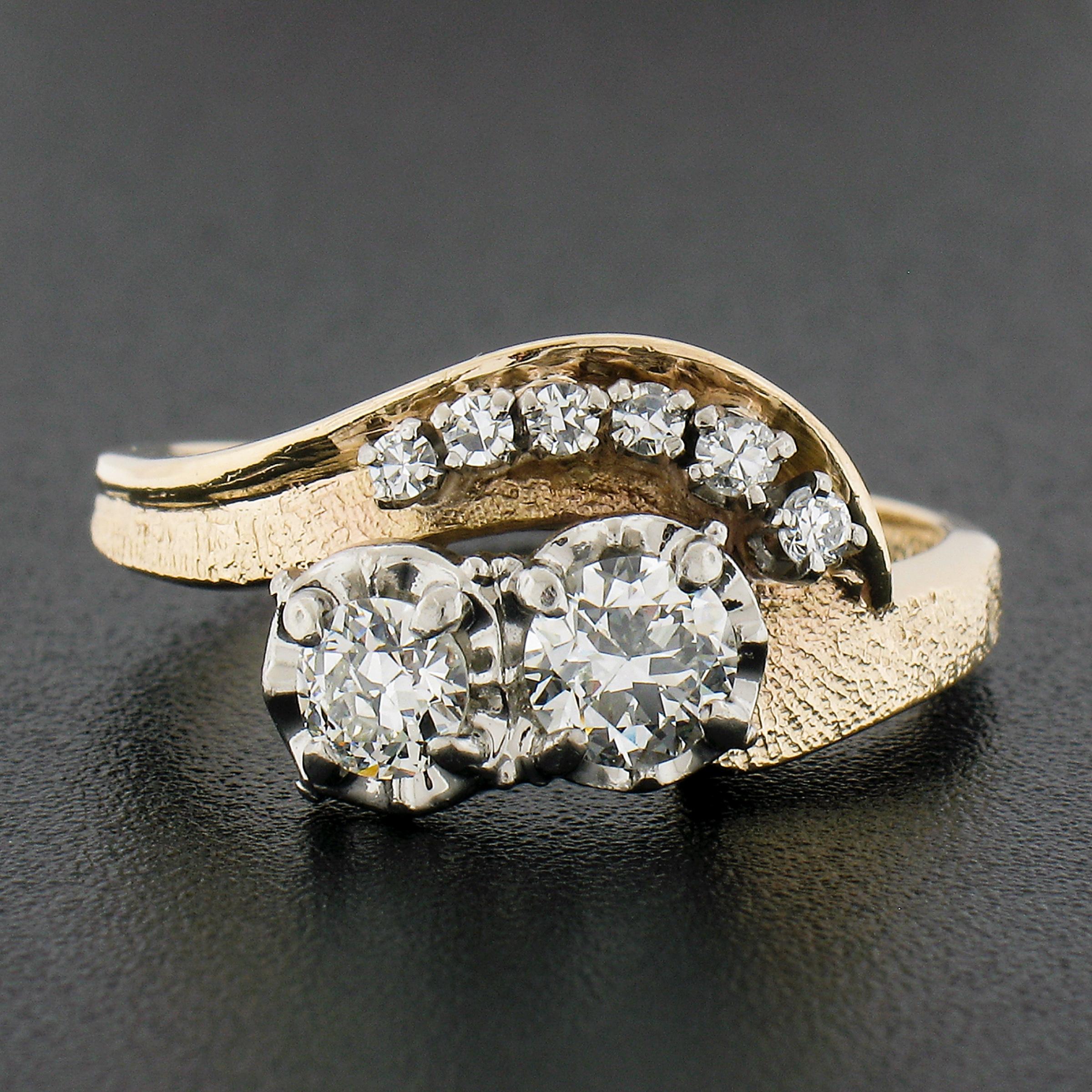 Old European Cut Vintage 14k TT Gold .82ct Diamond Textured & Polished Statement Cocktail Ring For Sale