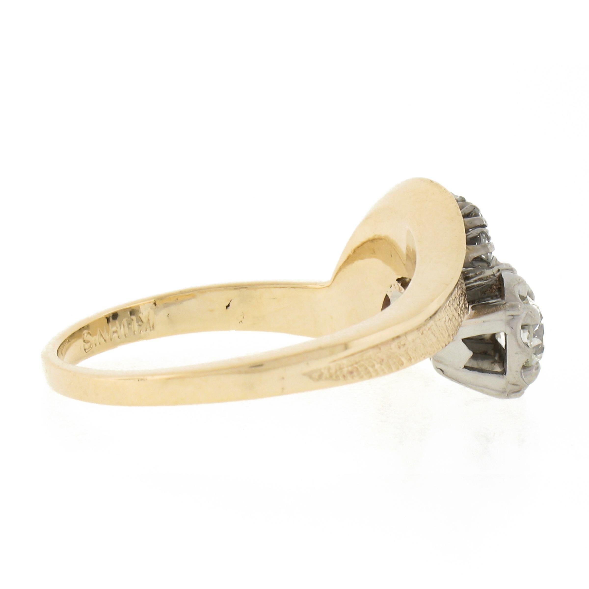 Women's Vintage 14k TT Gold .82ct Diamond Textured & Polished Statement Cocktail Ring For Sale