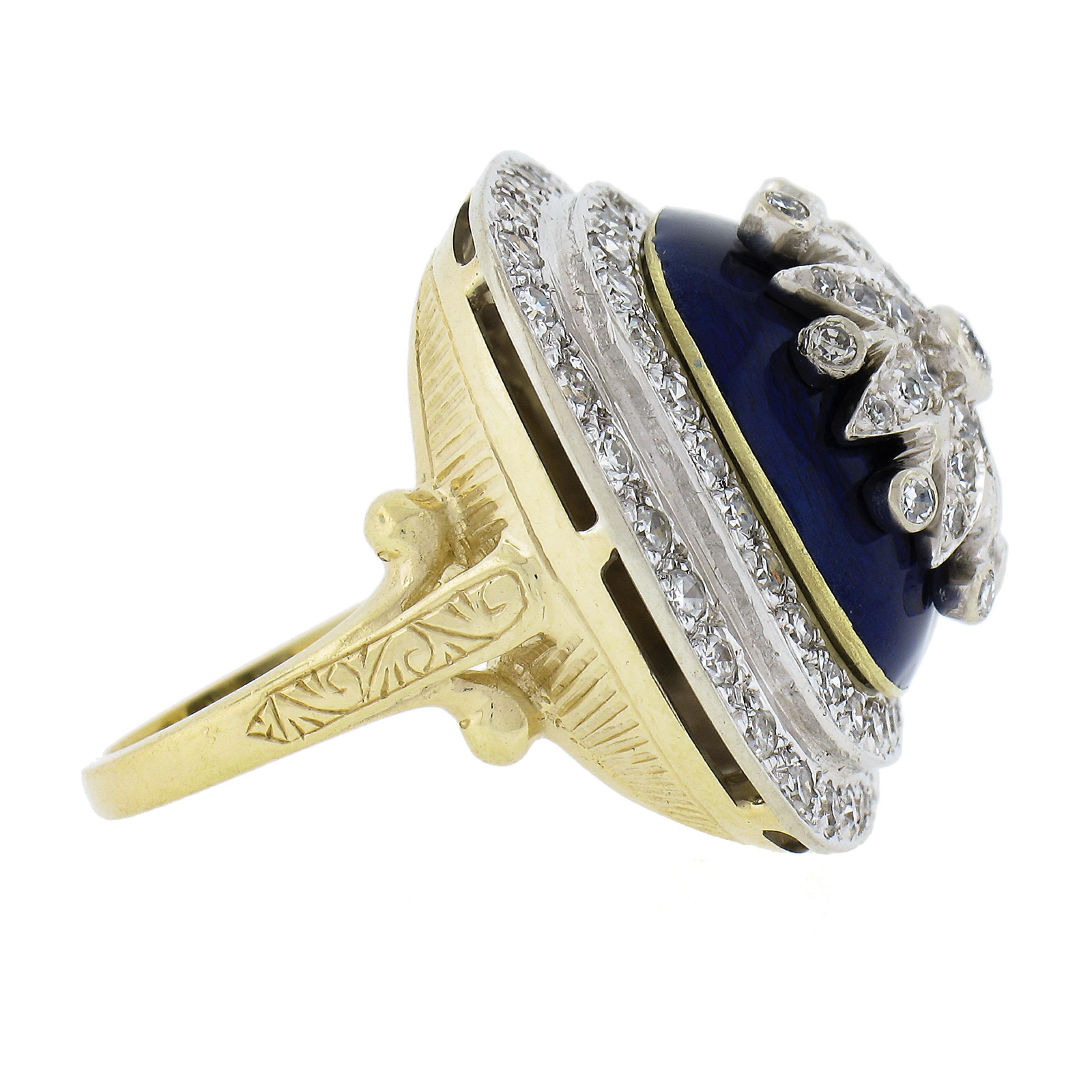 Women's Vintage 14K TT Gold Blue Enamel 1.90ctw Old Cut Diamond Flower Halo Cushion Ring For Sale