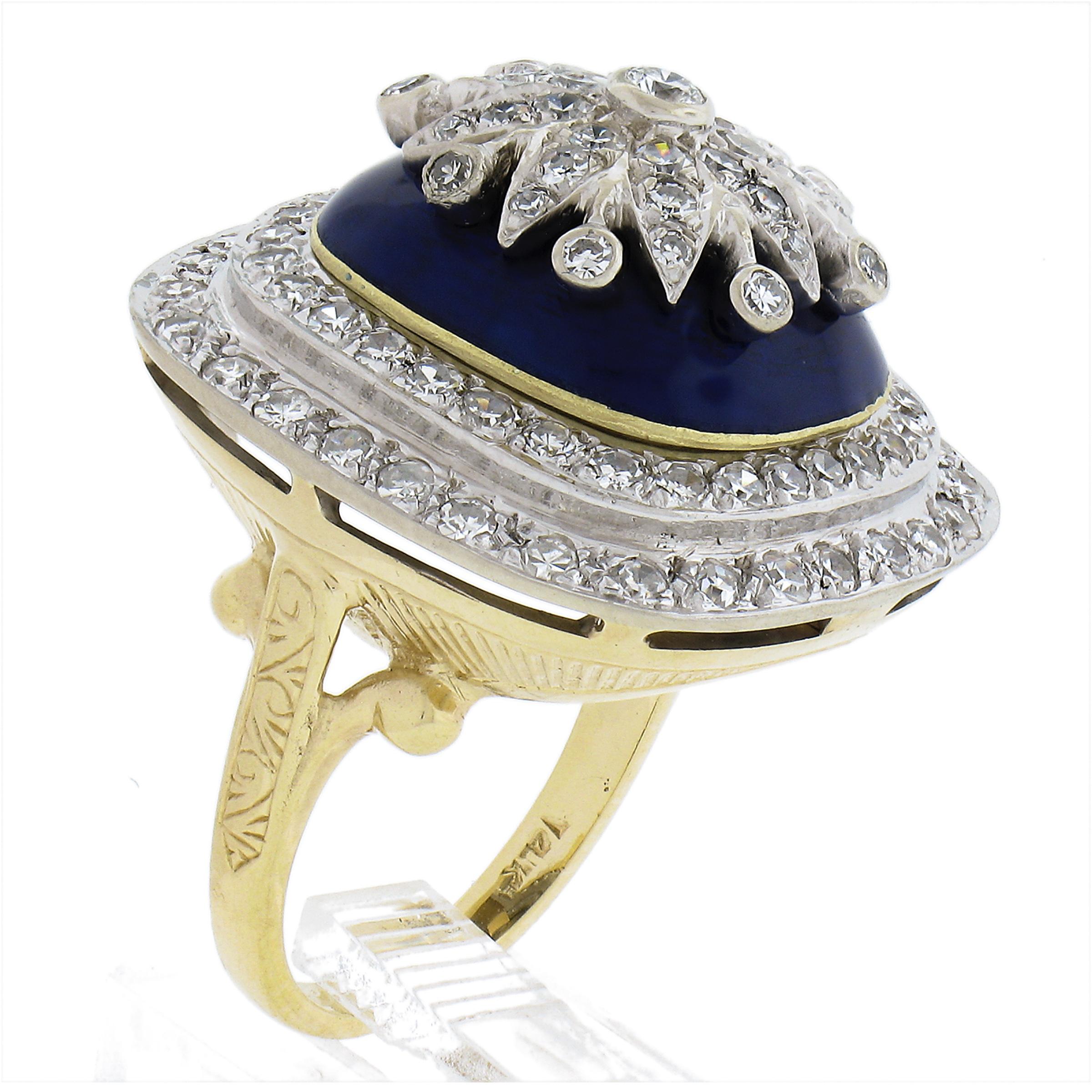 Vintage 14K TT Gold Blue Enamel 1.90ctw Old Cut Diamond Flower Halo Cushion Ring For Sale 4