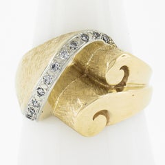 Vintage 14k TT Gold Diamond Florentine & Polished Finish Cocktail Statement Ring