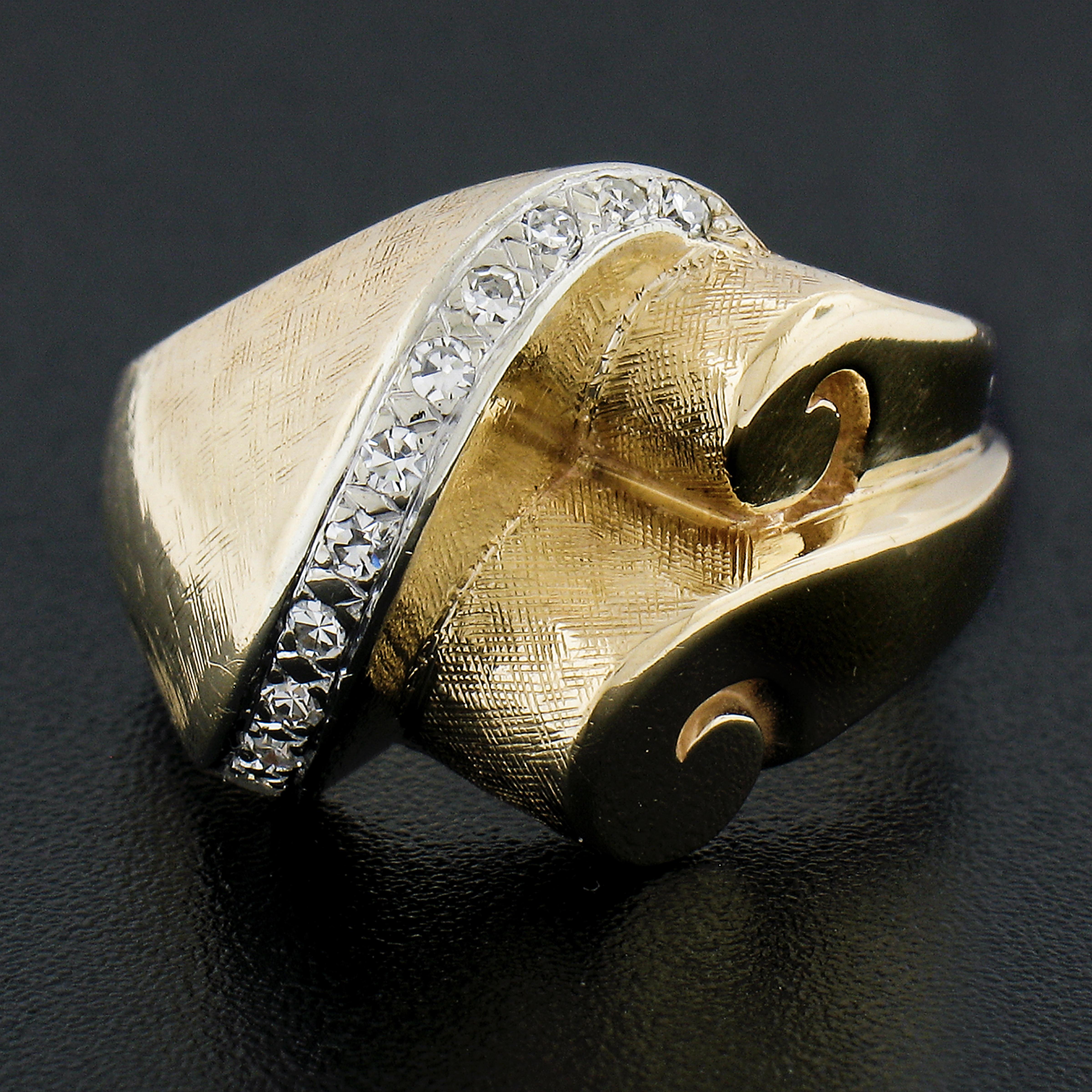 Round Cut Vintage 14k TT Gold Diamond Florentine & Polished Finish Cocktail Statement Ring For Sale