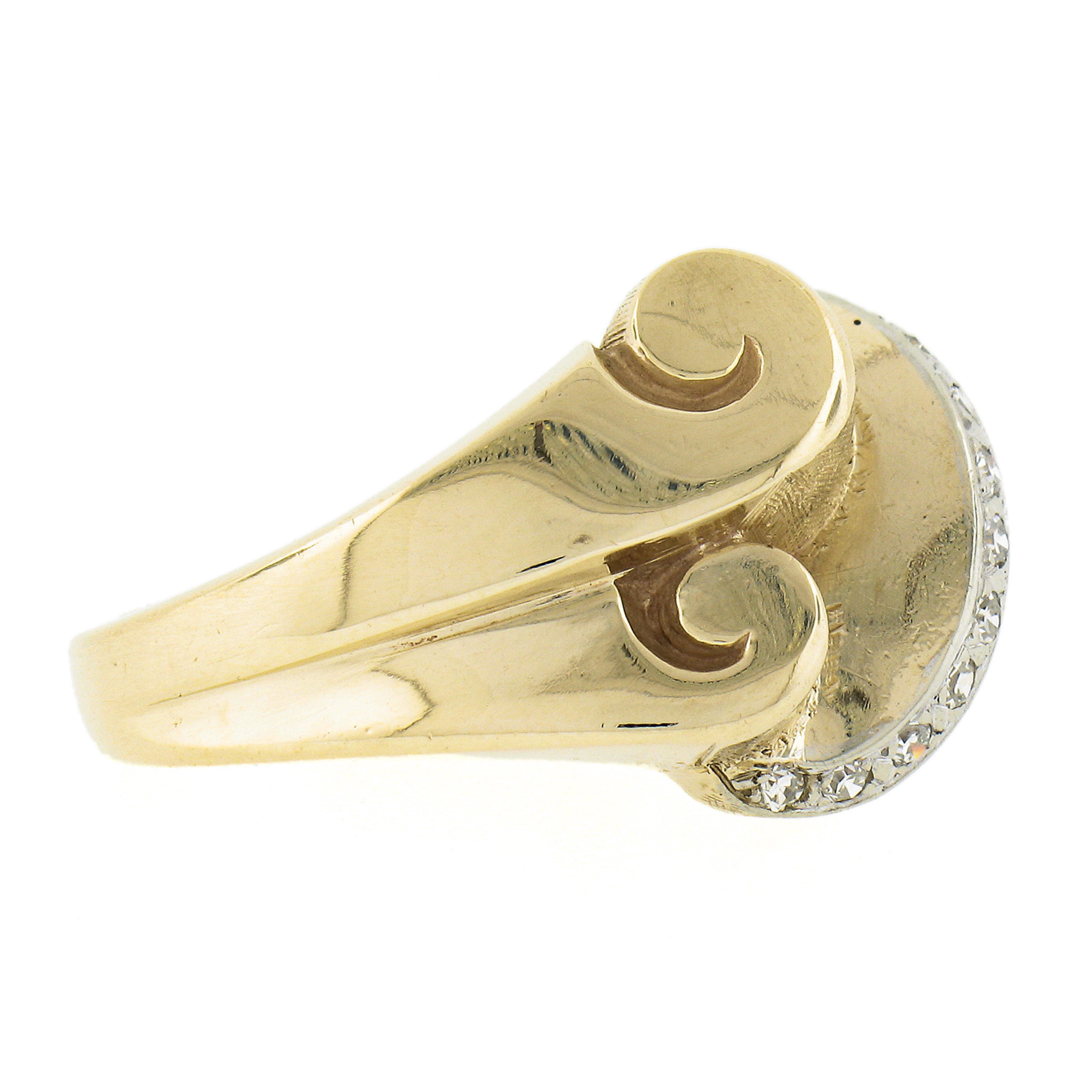 Women's Vintage 14k TT Gold Diamond Florentine & Polished Finish Cocktail Statement Ring For Sale