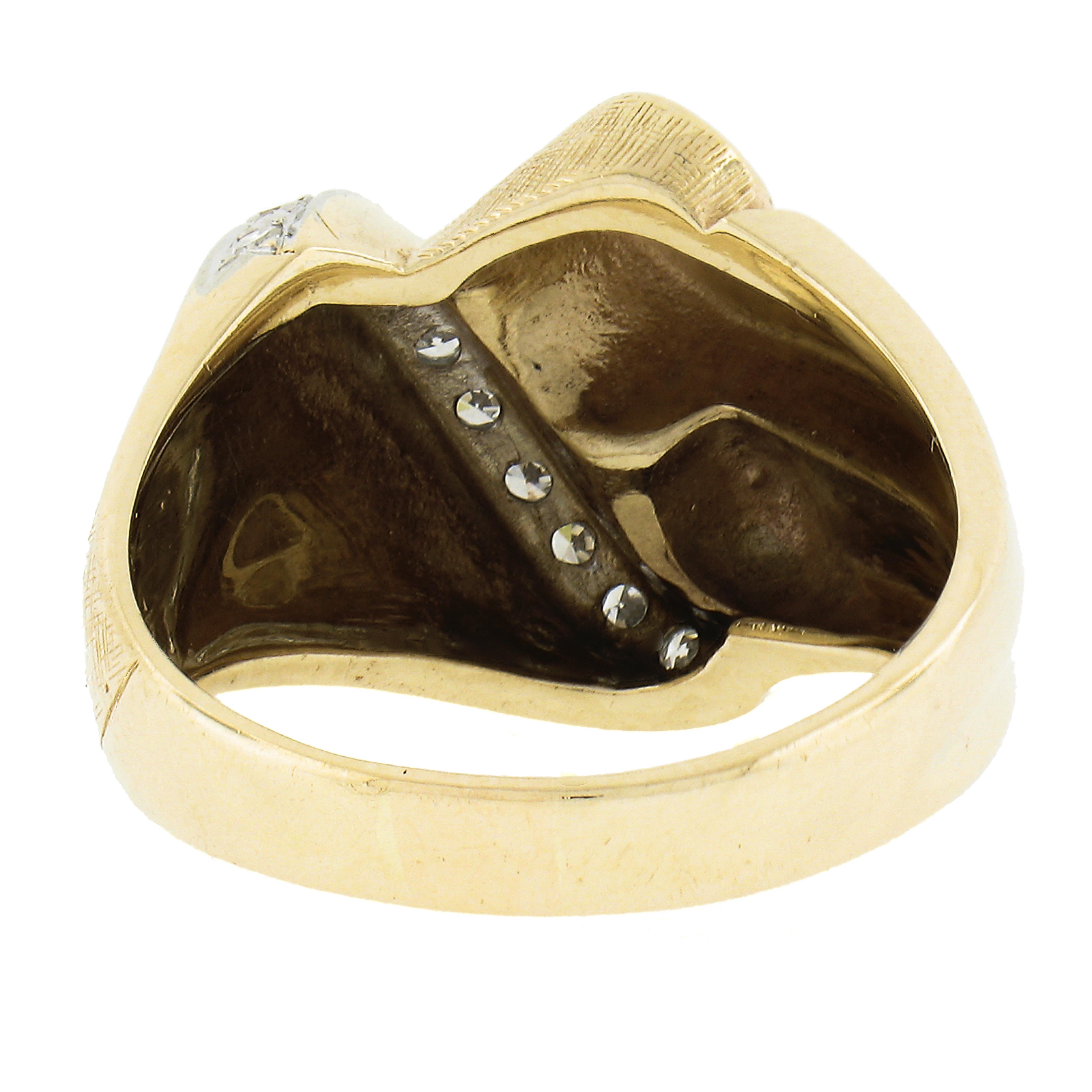 Vintage 14k TT Gold Diamond Florentine & Polished Finish Cocktail Statement Ring For Sale 2