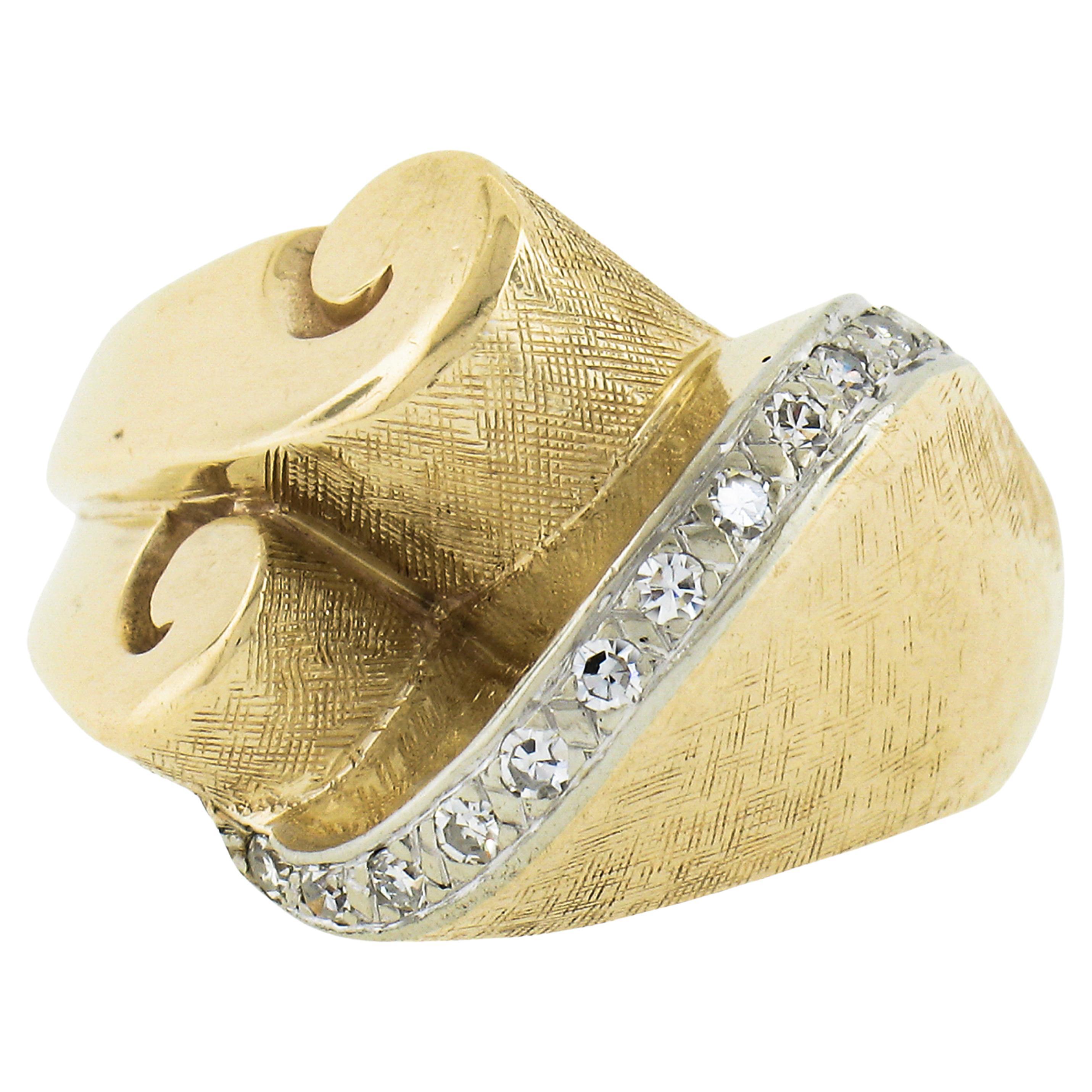 Vintage 14k TT Gold Diamond Florentine & Polished Finish Cocktail Statement Ring For Sale
