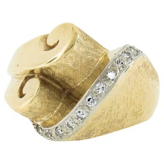 Vintage 14k TT Gold Diamond Florentine & Polished Finish Cocktail Statement Ring