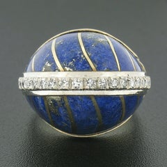 Vintage 14k TT Gold Inlaid Lapis Stripe .50ct Diamond Large High Dome Bombe Ring