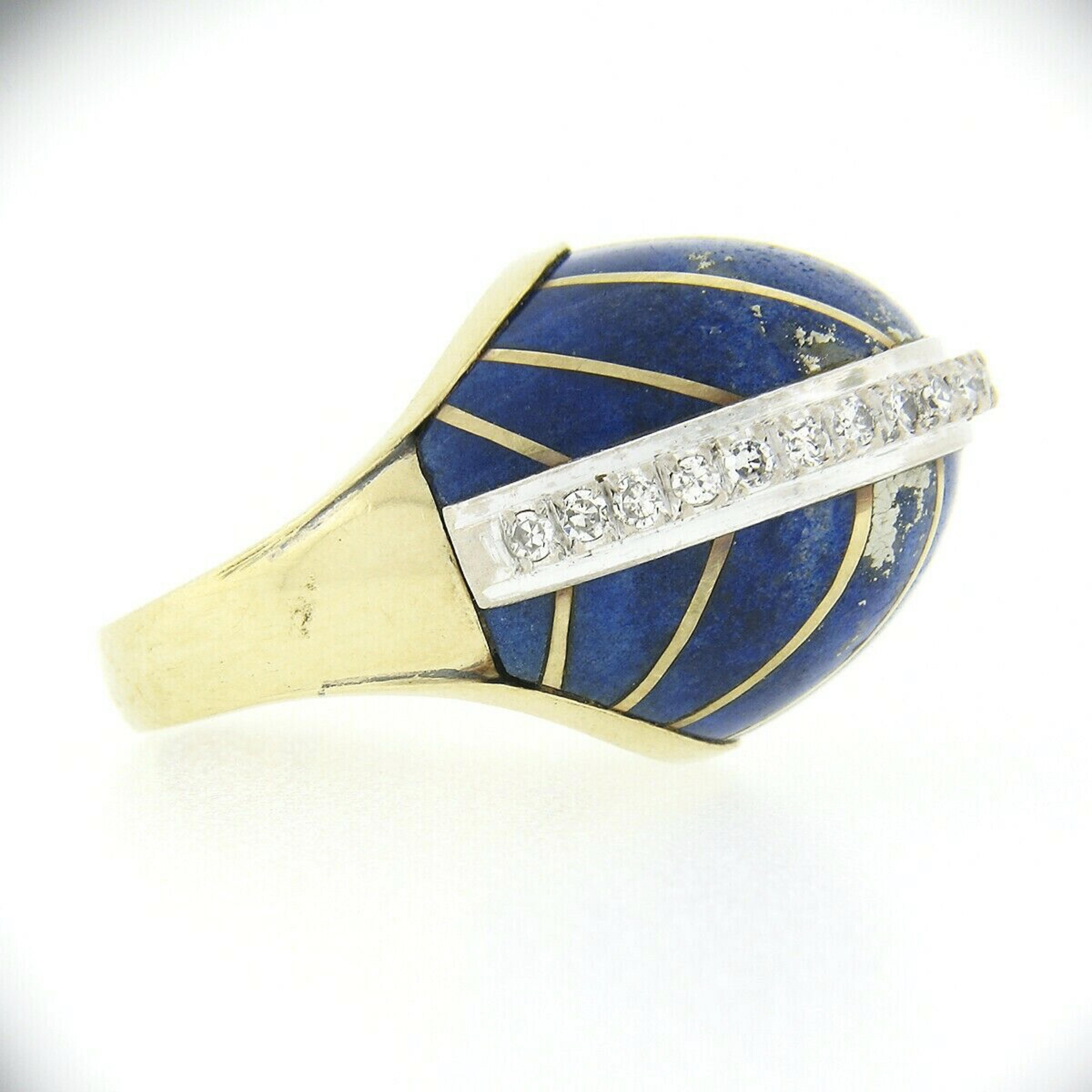 Women's Vintage 14k TT Gold Inlaid Lapis Stripe .50ct Diamond Large High Dome Bombe Ring For Sale