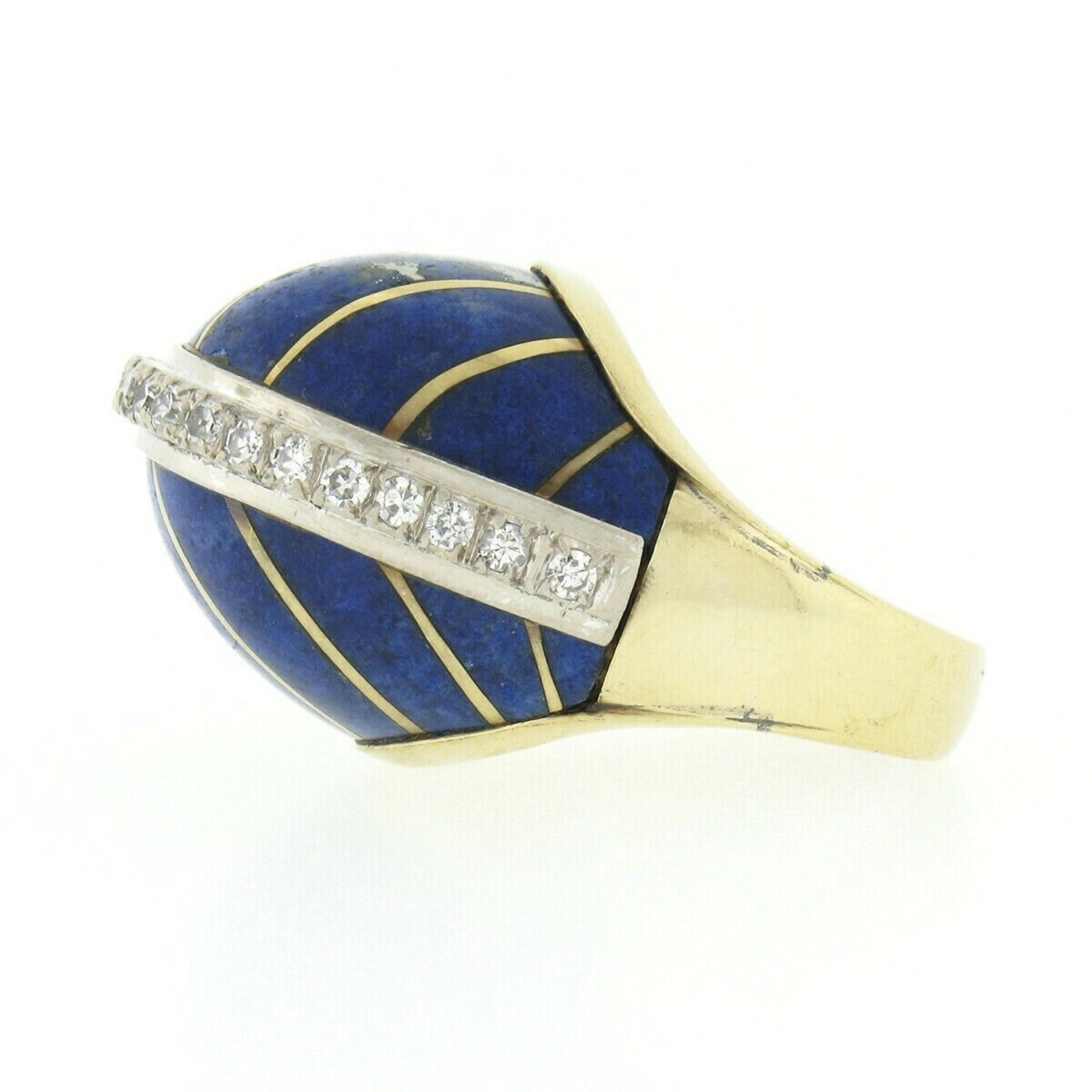 Vintage 14k TT Gold Intarsien Lapis Streifen .50ct Diamant Großer hoher Kuppel Bombe Ring im Angebot 1