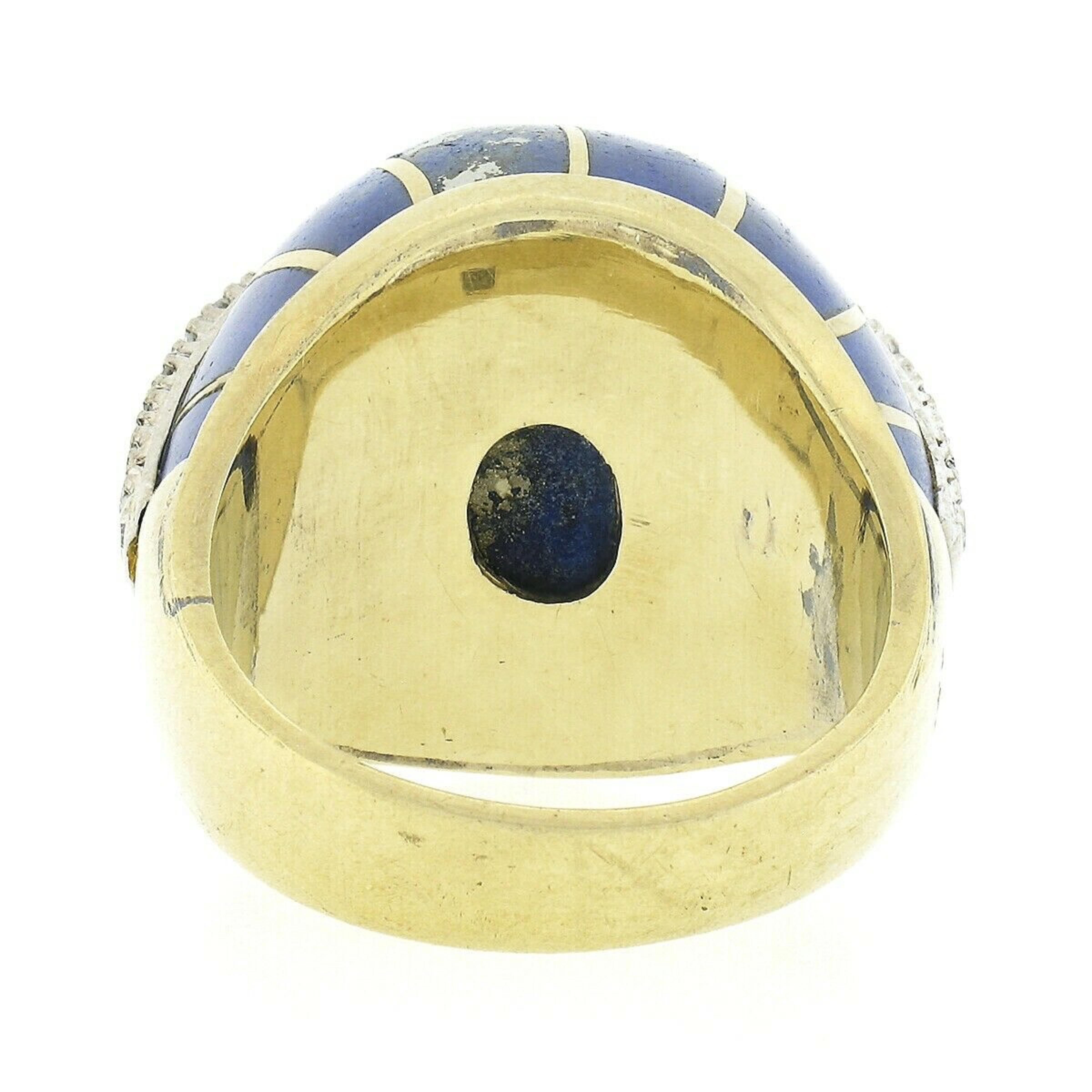 Vintage 14k TT Gold Inlaid Lapis Stripe .50ct Diamond Large High Dome Bombe Ring For Sale 2