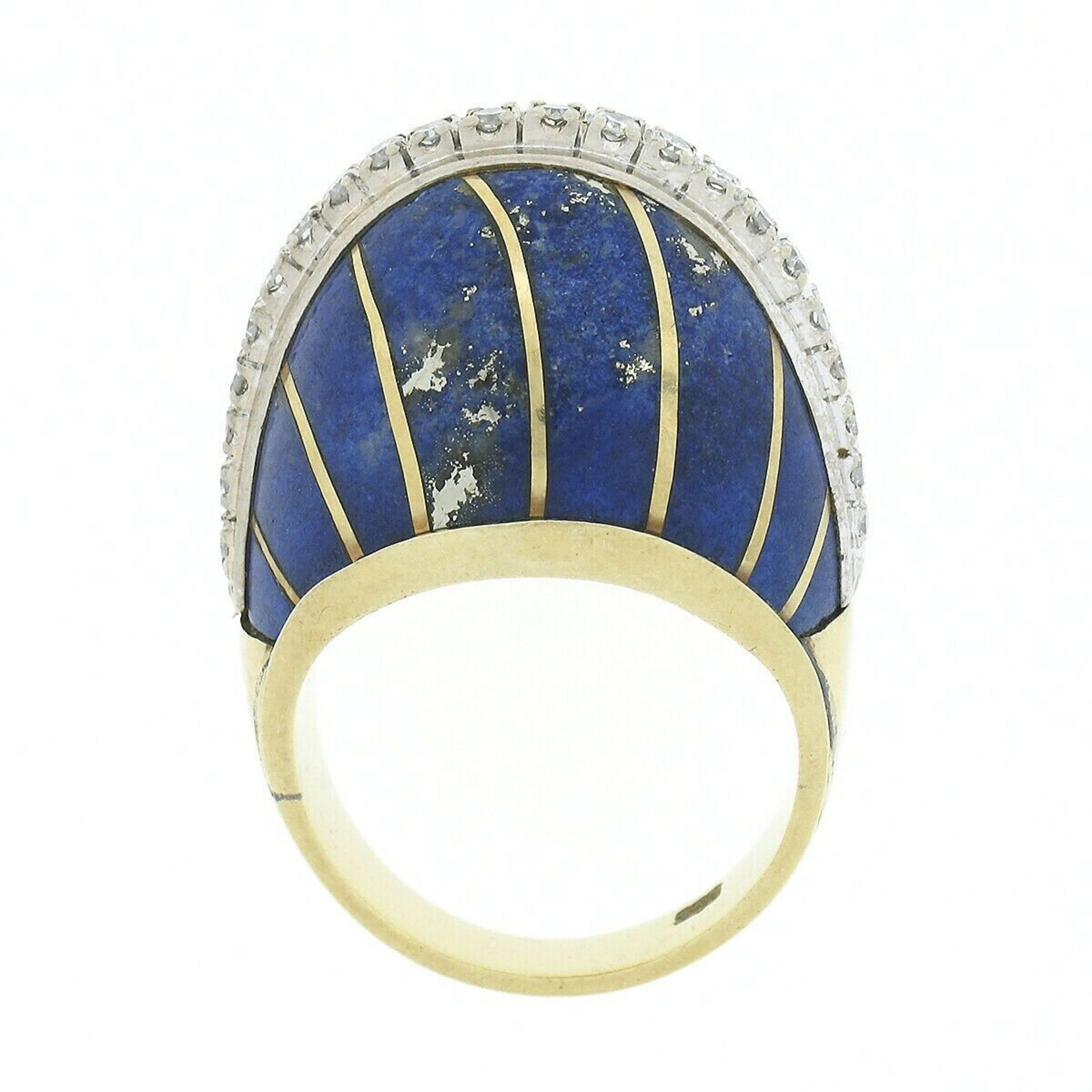 Vintage 14k TT Gold Inlaid Lapis Stripe .50ct Diamond Large High Dome Bombe Ring For Sale 3