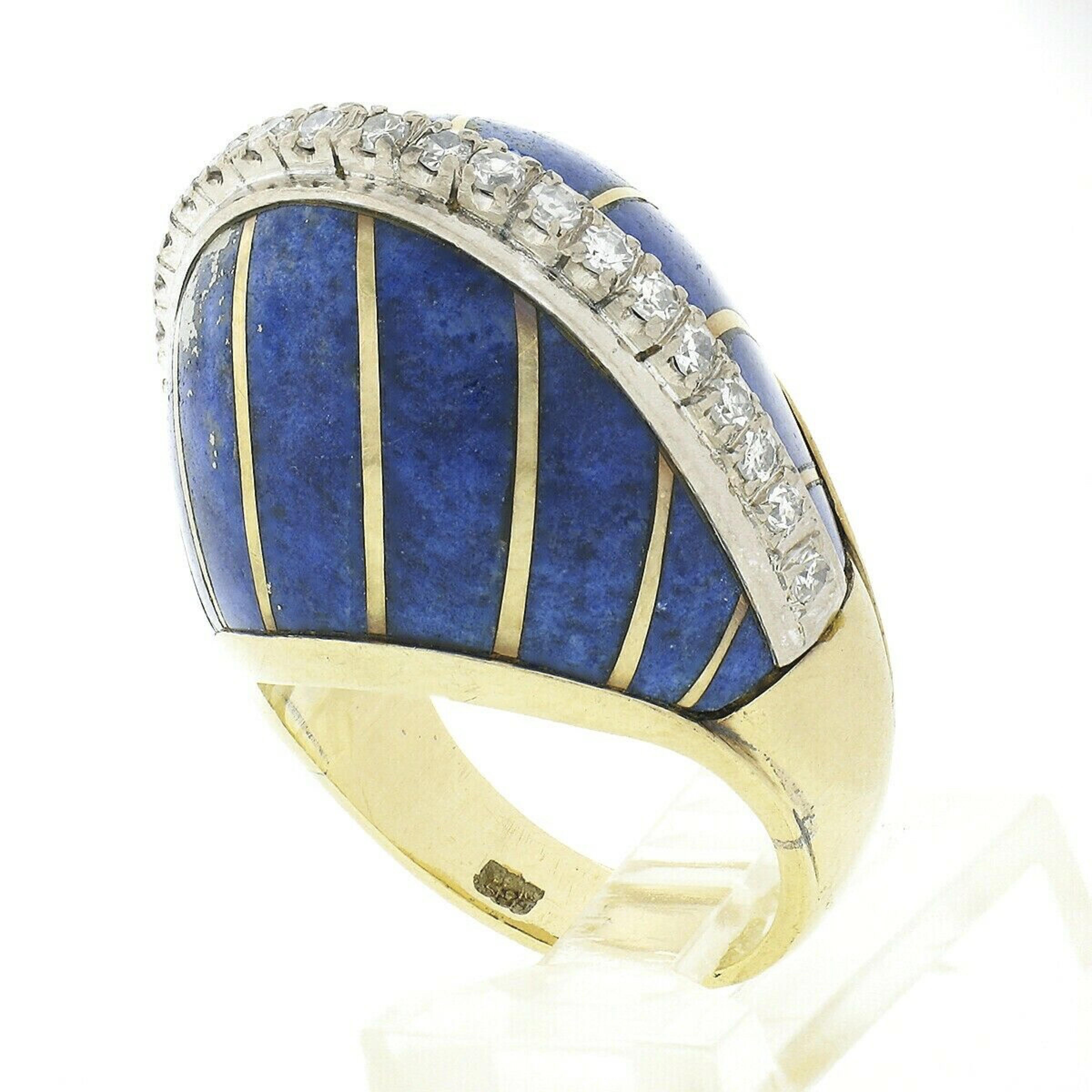 Vintage 14k TT Gold Inlaid Lapis Stripe .50ct Diamond Large High Dome Bombe Ring For Sale 4