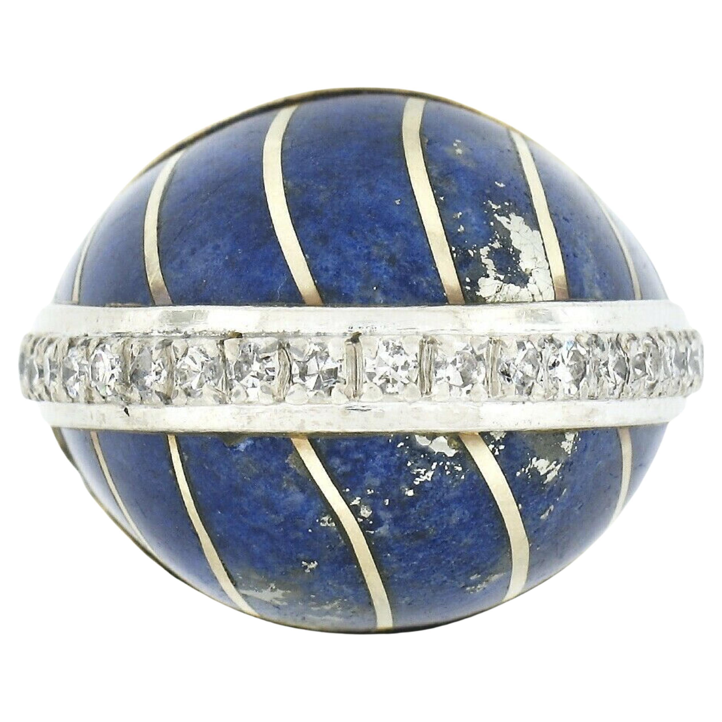 Vintage 14k TT Gold Inlaid Lapis Stripe .50ct Diamond Large High Dome Bombe Ring For Sale