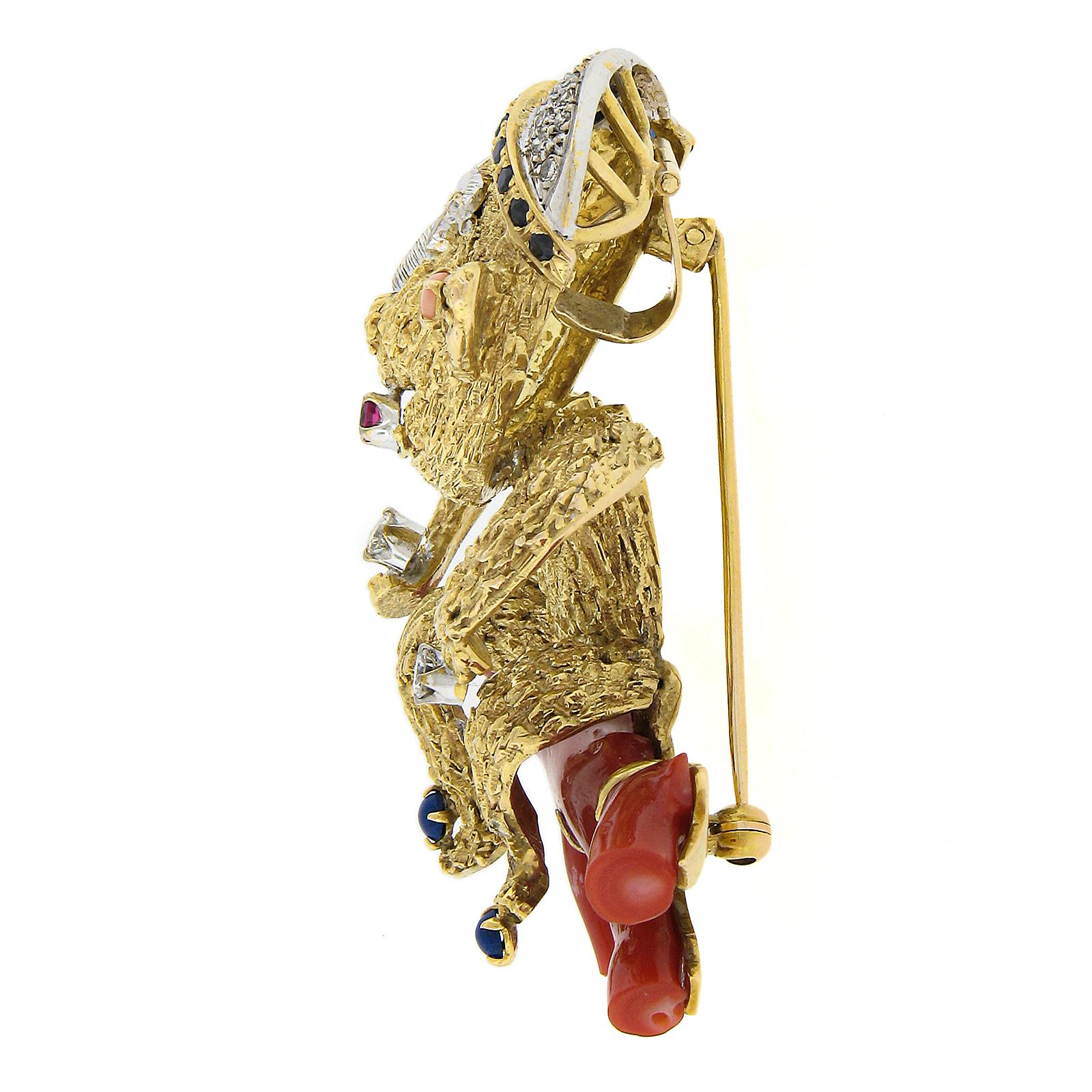 Women's or Men's Vintage 14K TT Gold Multi Stones w/ Coral Textured 3D Monkey Brooch Pin Pendant