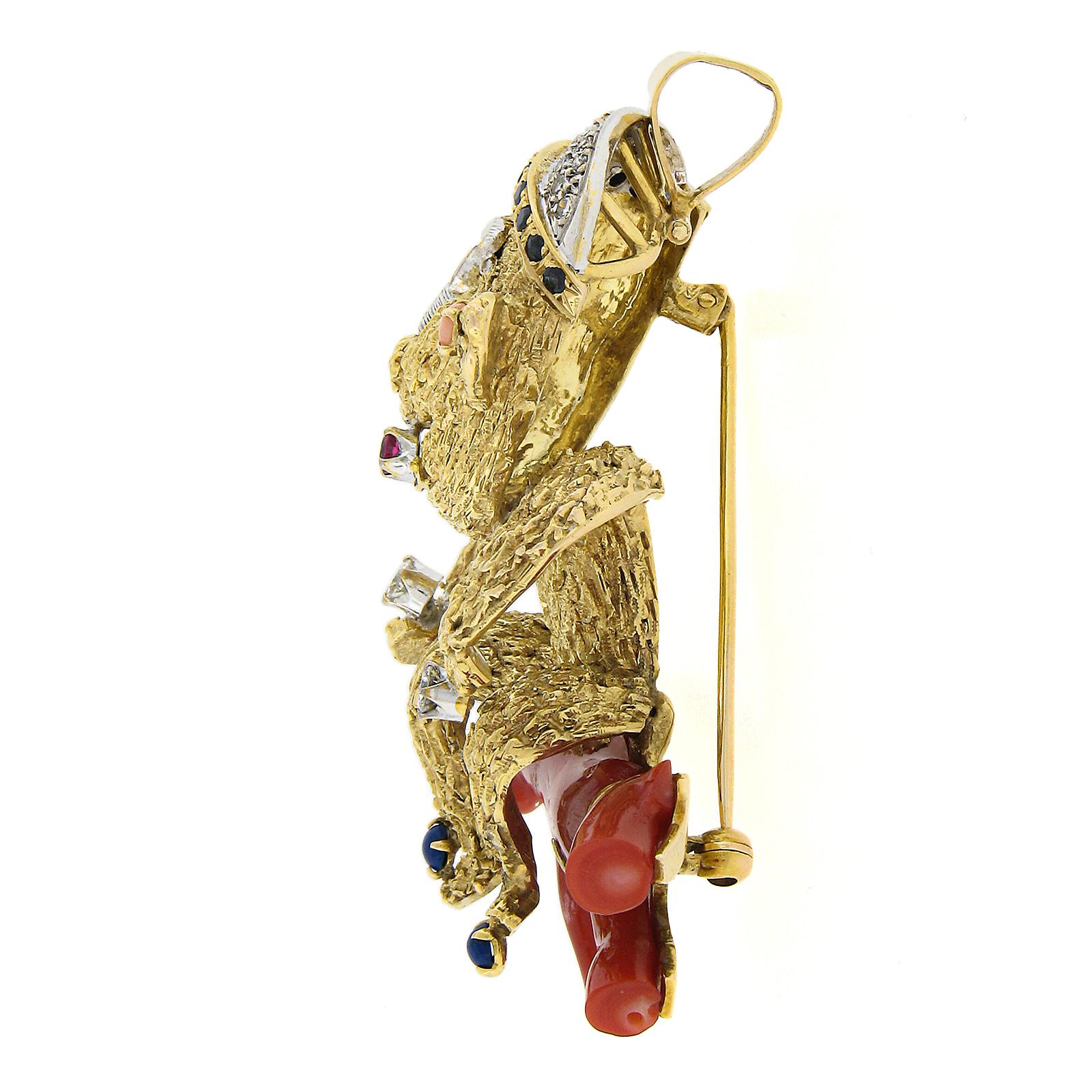Vintage 14K TT Gold Multi Stones w/ Coral Textured 3D Monkey Brooch Pin Pendant 1