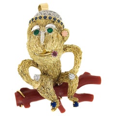 Vintage 14K TT Gold Multi Stones w/ Coral Textured 3D Monkey Brooch Pin Pendant