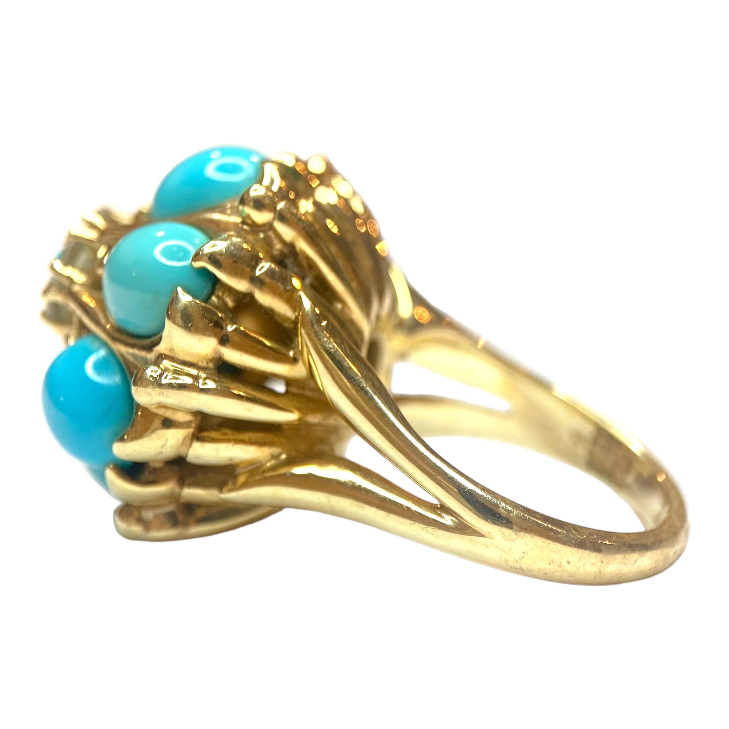 Cabochon Vintage 14K Turquoise & Diamond Ring For Sale