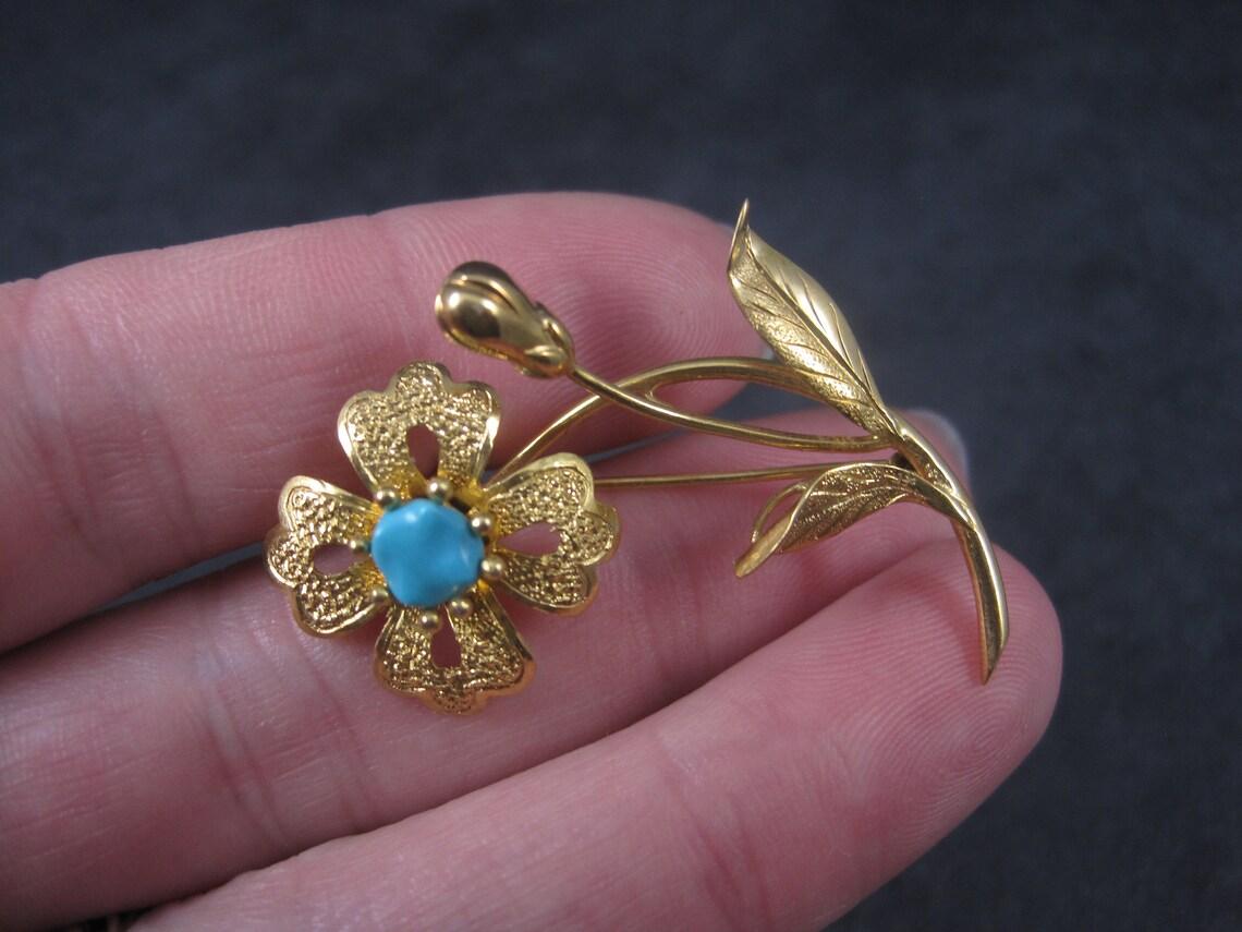 Vintage 14k Turquoise Flower Brooch For Sale 4