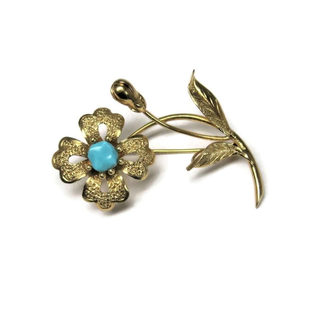 Art Nouveau Vintage 14k Turquoise Flower Brooch For Sale