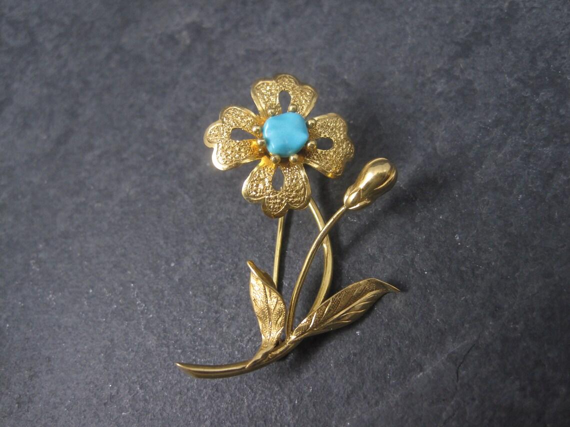 Mixed Cut Vintage 14k Turquoise Flower Brooch For Sale