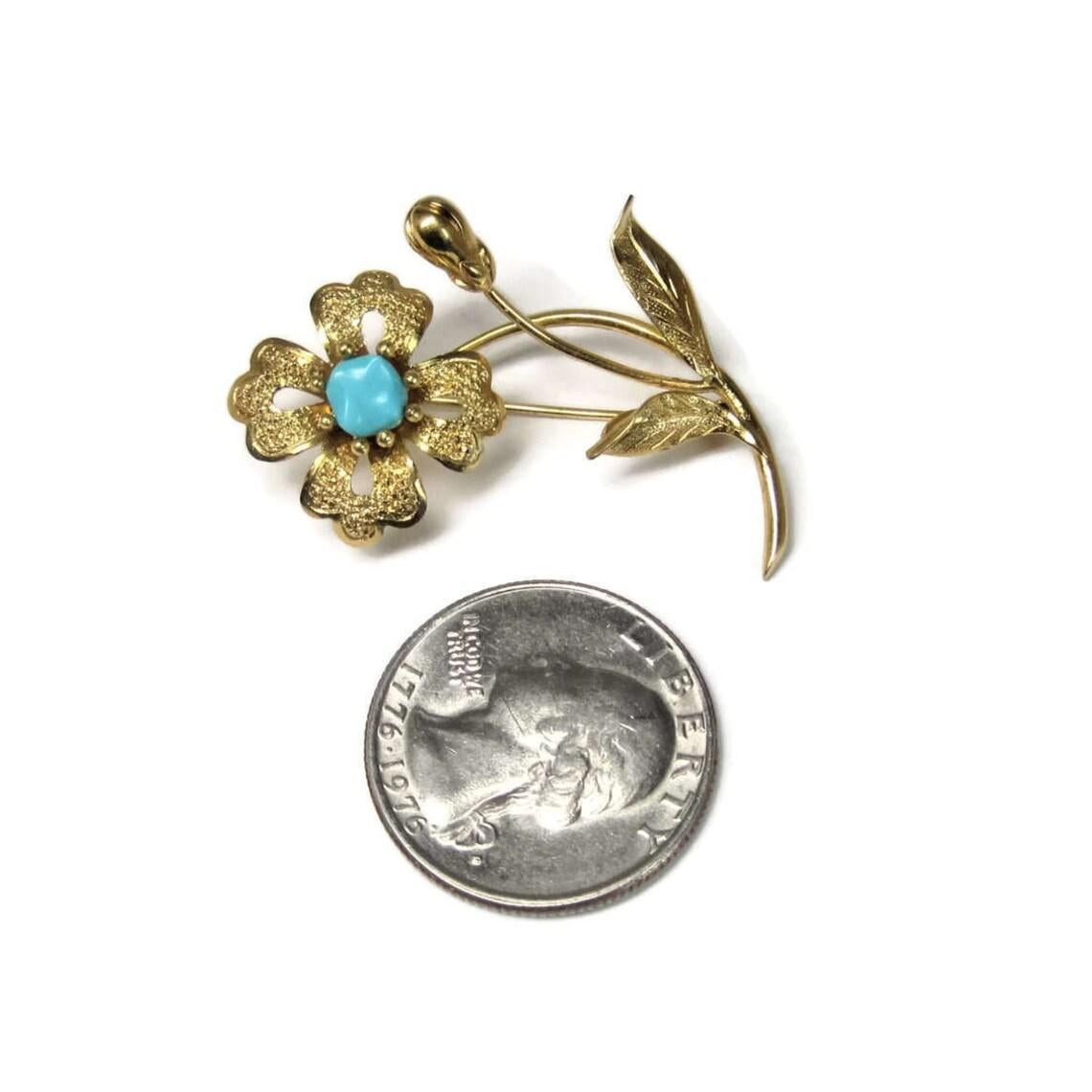 Vintage 14k Turquoise Flower Brooch In Excellent Condition For Sale In Webster, SD