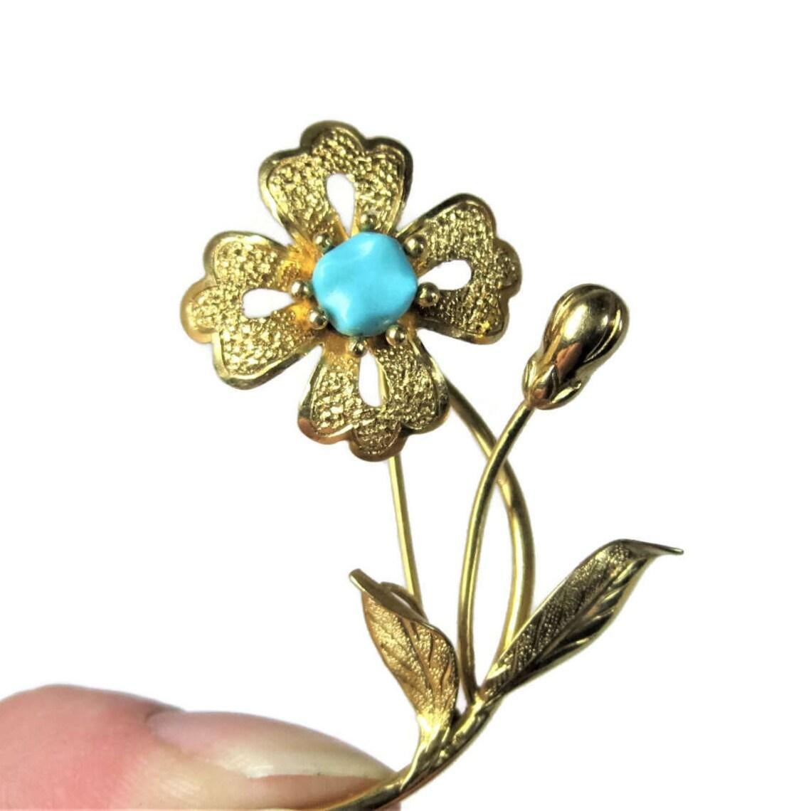 Vintage 14k Turquoise Flower Brooch For Sale 1