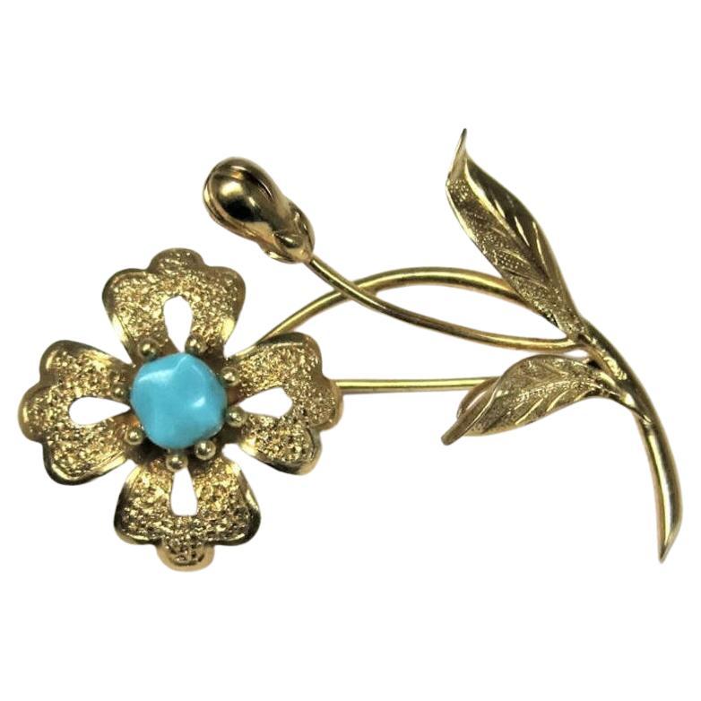 Vintage 14k Turquoise Flower Brooch For Sale