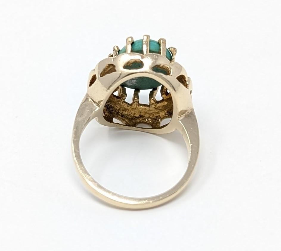 Cabochon Vintage 14k Turquoise Ring Fine Solid Yellow Gold Cocktail Statement US Size 7 For Sale