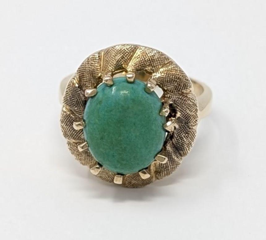 Vintage 14k Turquoise Ring Fine Solid Yellow Gold Cocktail Statement US Size 7 For Sale 2