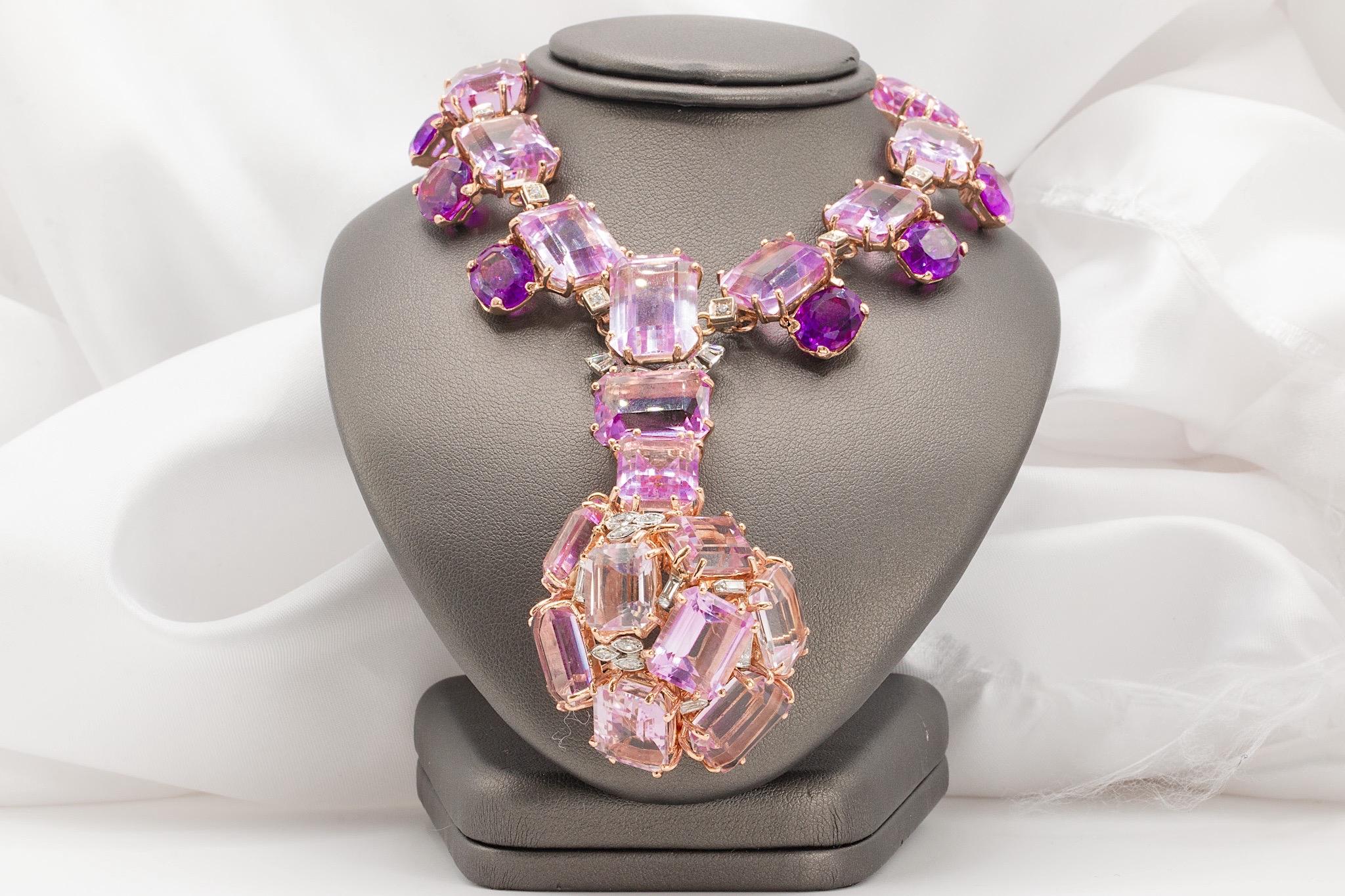 Emerald Cut Vintage 14k Two-Tone Amethyst and Diamond Necklace For Sale