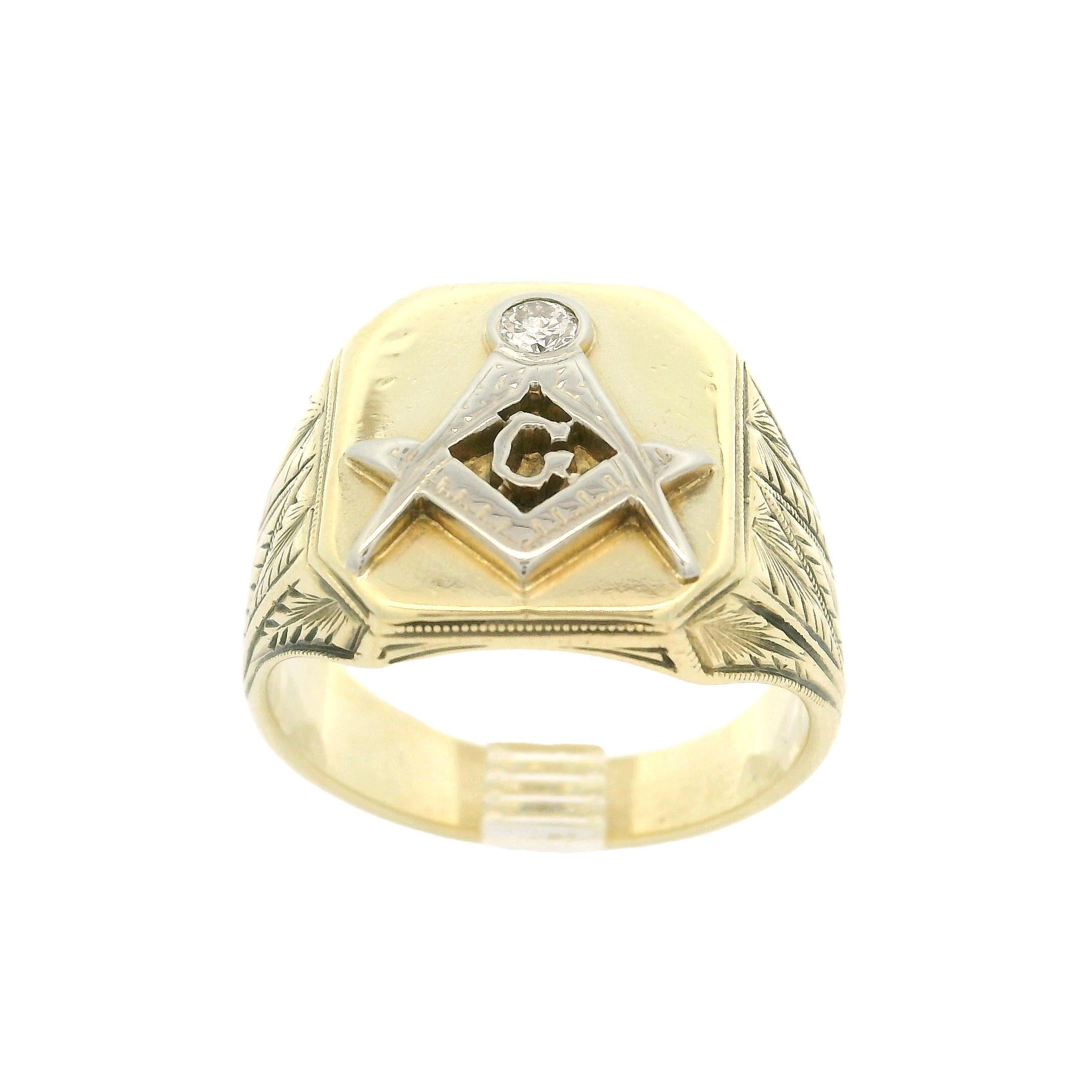 Anillo de sello masónico vintage de oro bicolor de 14 quilates y 0,08 quilates de diamantes antiguos trabajados en trigo Corte redondo