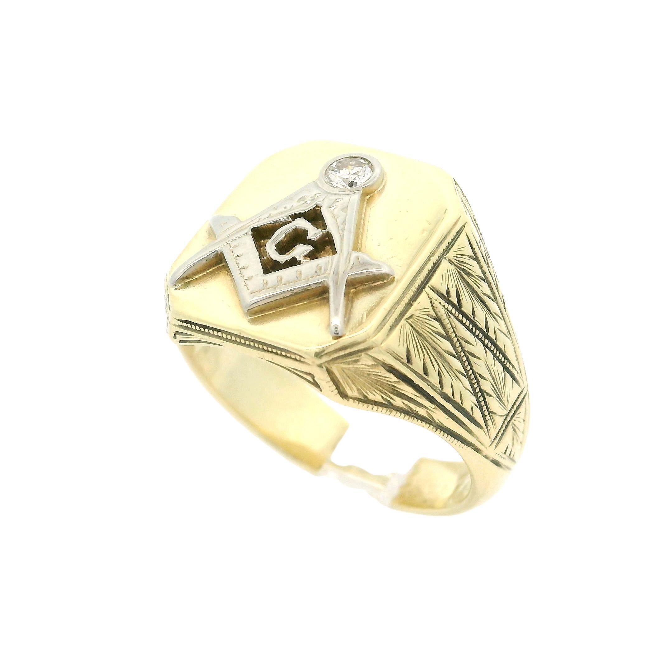 De las mujeres Anillo de sello masónico vintage de oro bicolor de 14 quilates y 0,08 quilates de diamantes antiguos trabajados en trigo