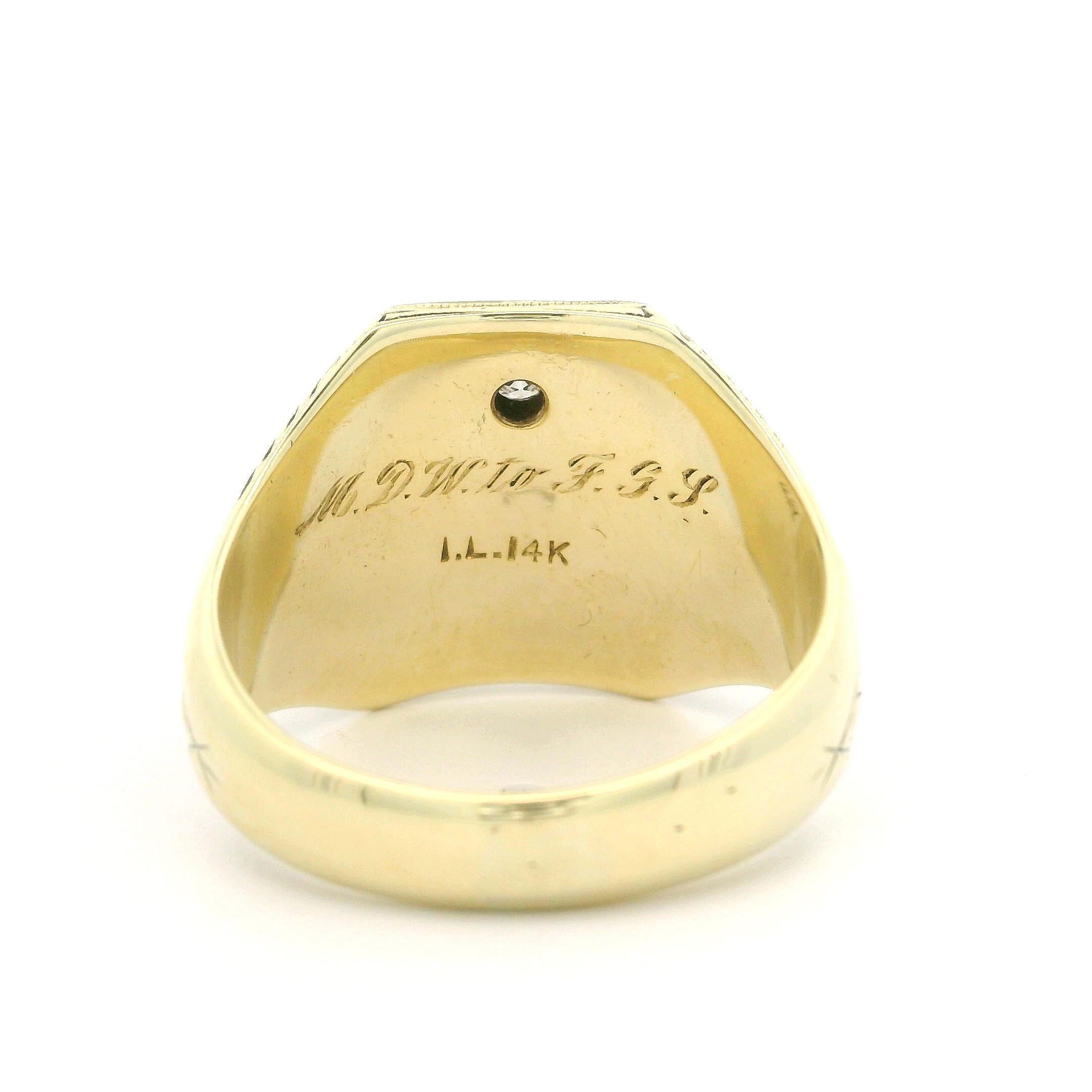 Anillo de sello masónico vintage de oro bicolor de 14 quilates y 0,08 quilates de diamantes antiguos trabajados en trigo 2