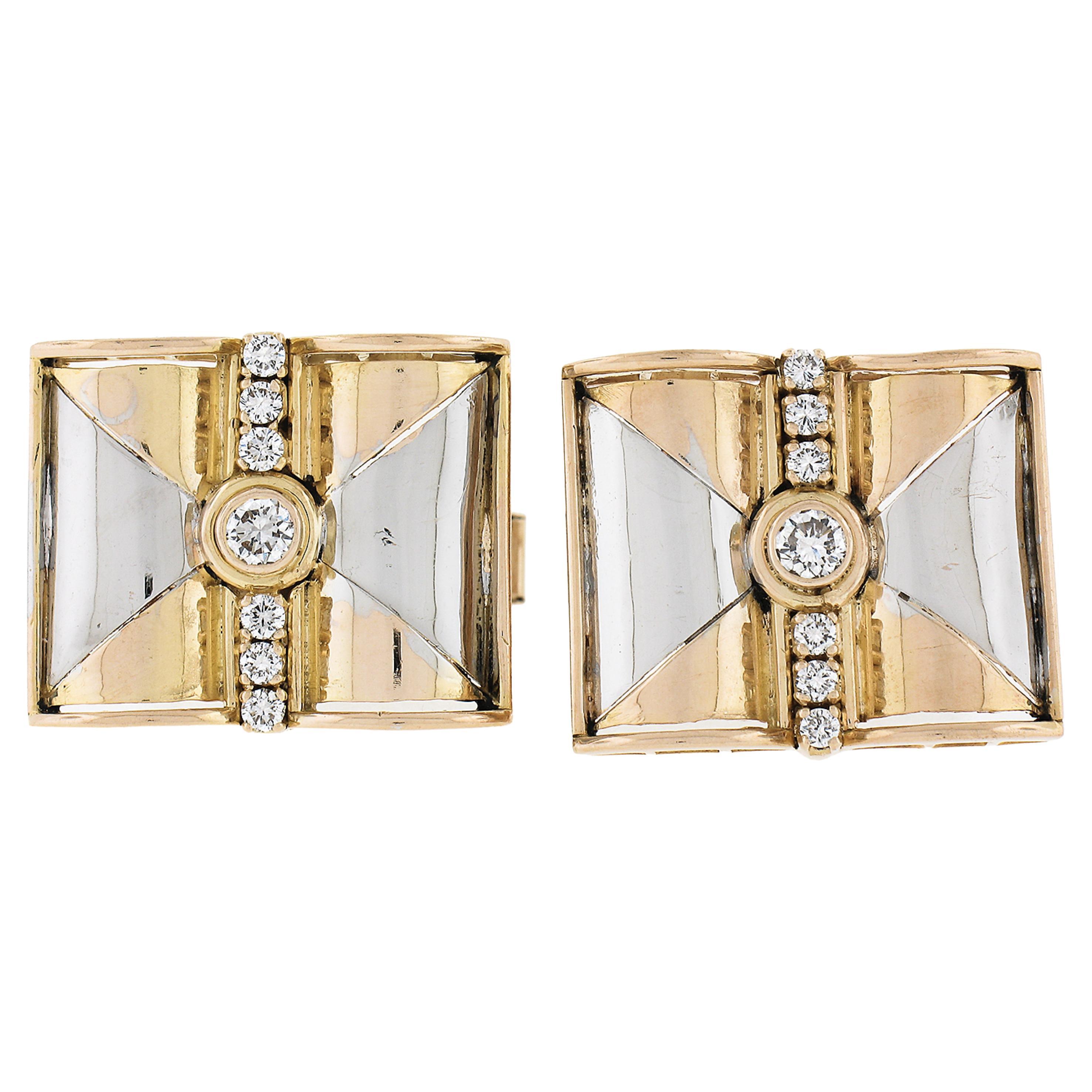 Vintage 14k Two Tone Gold 0.38ctw Round Diamond Large Rectangular Cufflinks