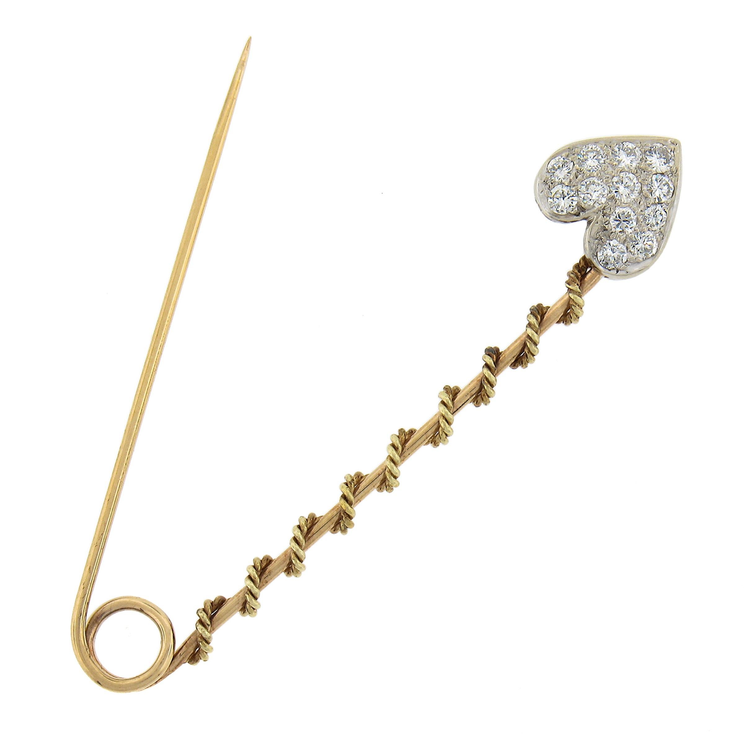 Round Cut Vintage 14k Two Tone Gold 0.45ctw Pave Set Diamond Heart Safety Bar Pin Brooch For Sale
