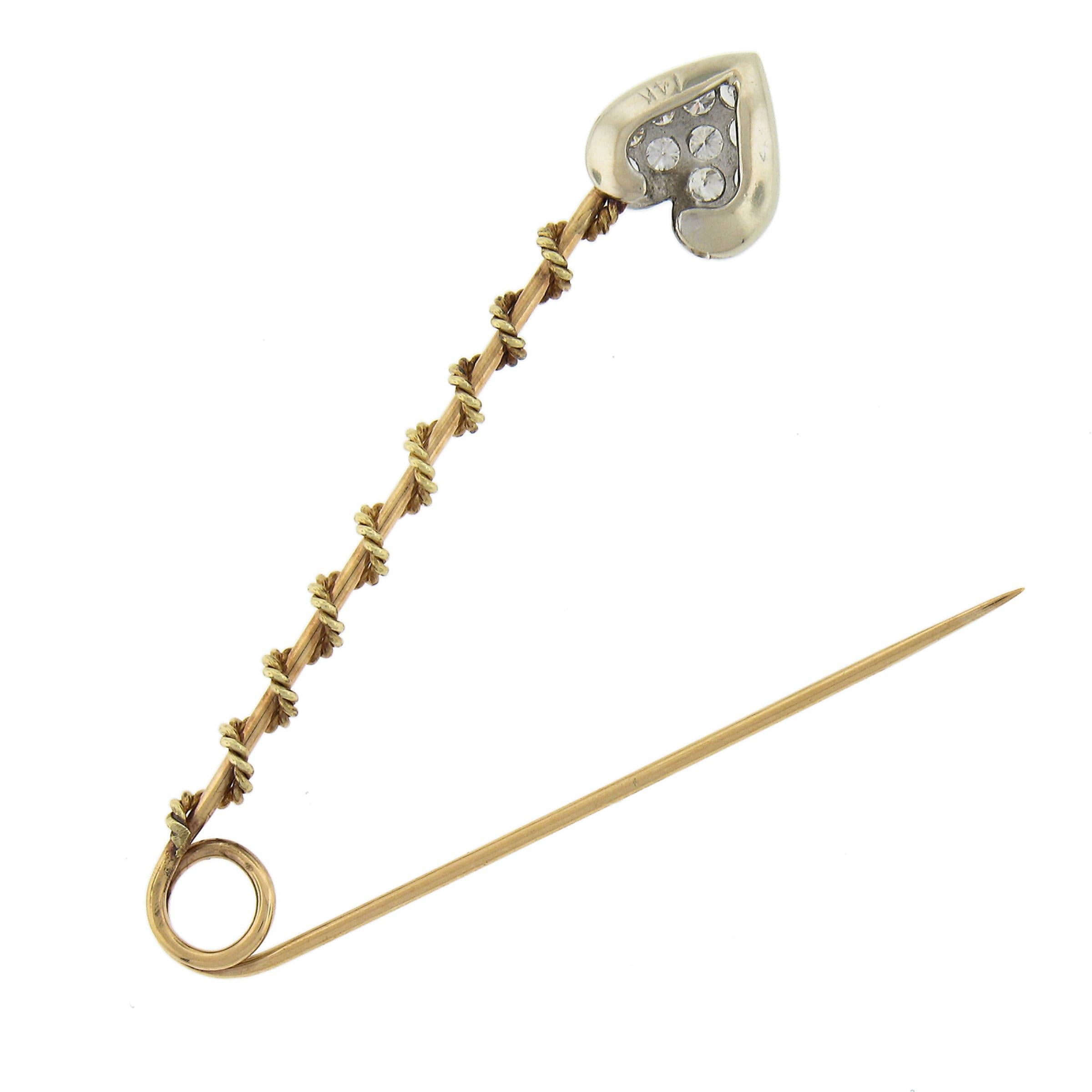 Round Cut Vintage 14k Two Tone Gold 0.45ctw Pave Set Diamond Heart Safety Bar Pin Brooch