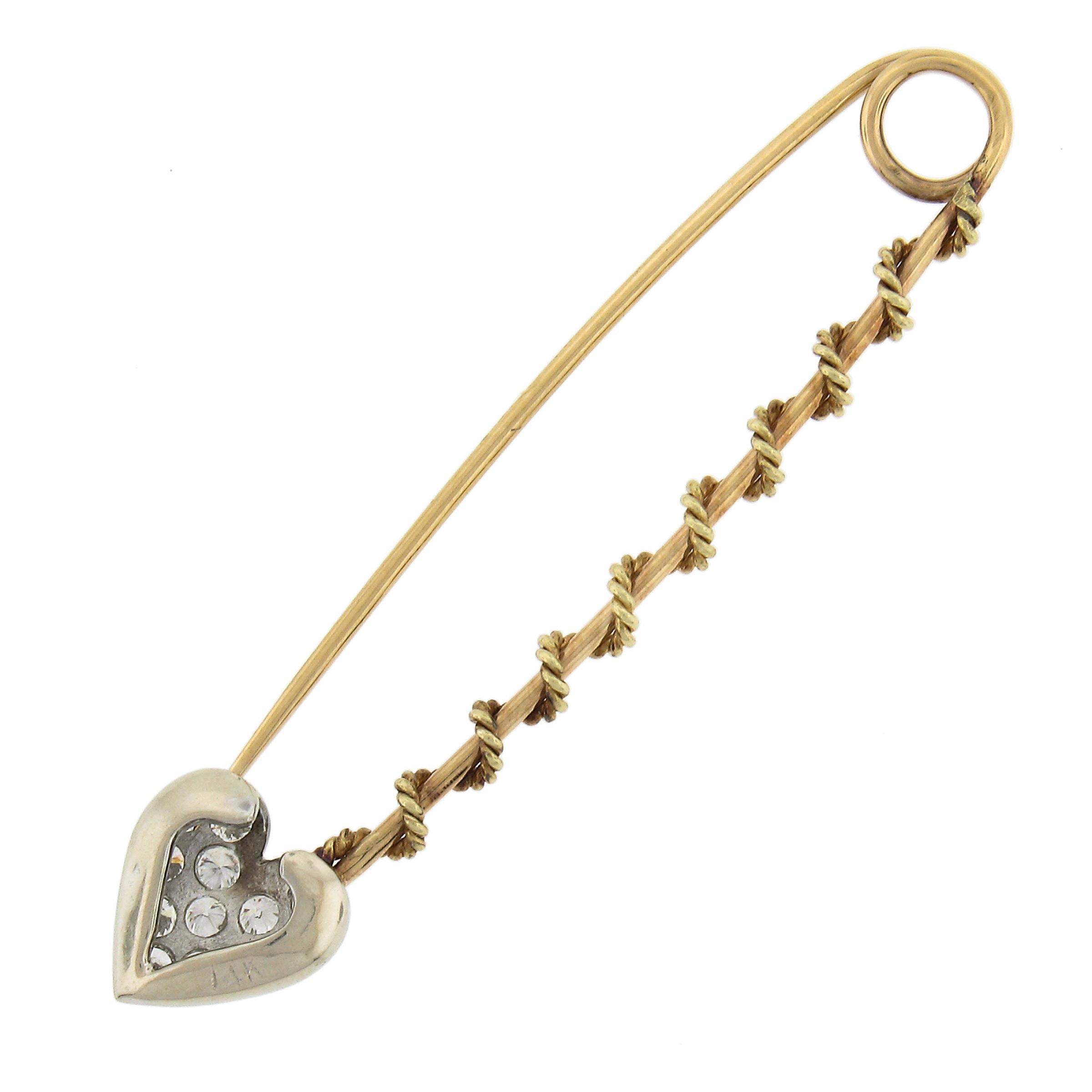 Women's Vintage 14k Two Tone Gold 0.45ctw Pave Set Diamond Heart Safety Bar Pin Brooch For Sale