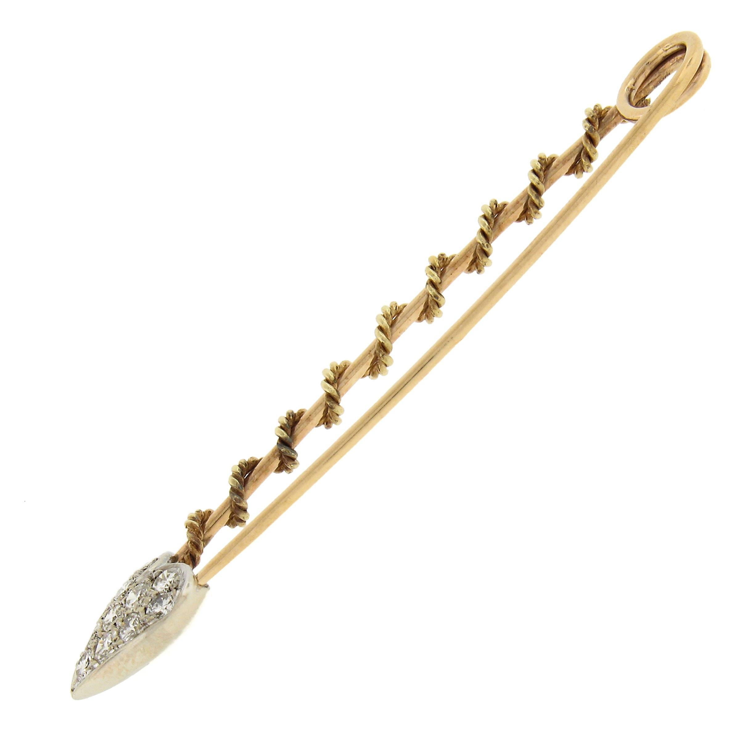 Women's Vintage 14k Two Tone Gold 0.45ctw Pave Set Diamond Heart Safety Bar Pin Brooch